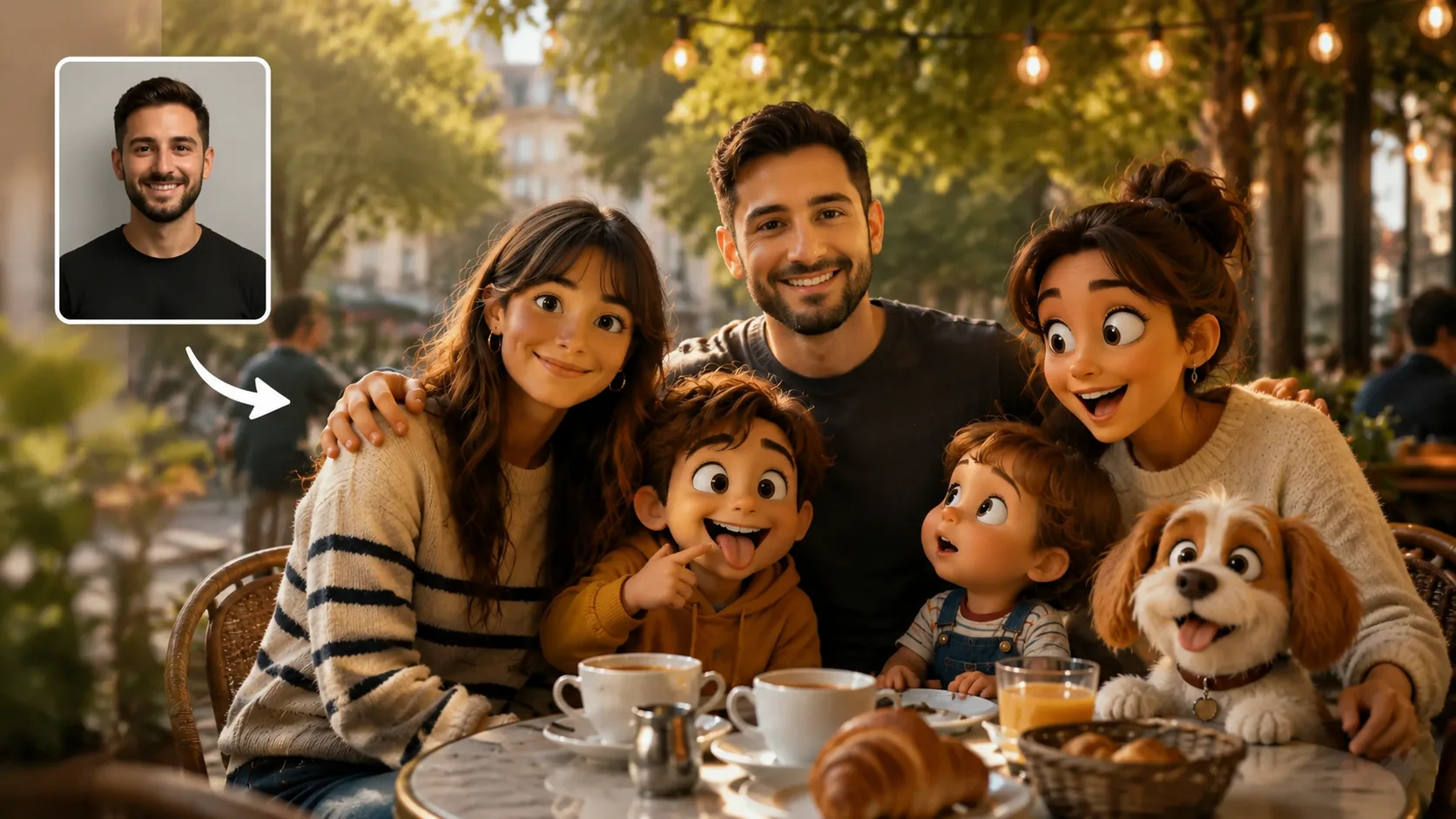 Generated animated cameo group photo result with a realistic person and original cartoon companions