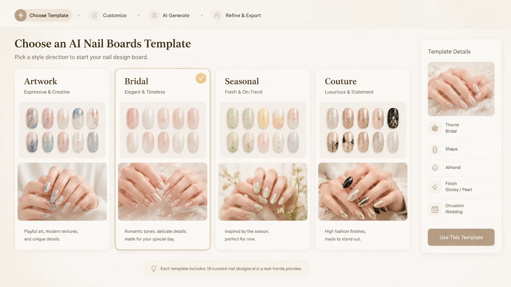 Choosing a manicure template from a gallery of AI nail board examples