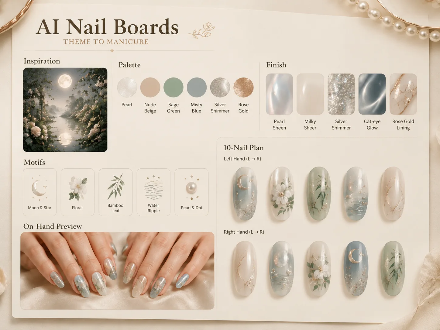 AI nail inspiration board showing palette, motifs, ten nail tips, finish notes, and on-hand preview