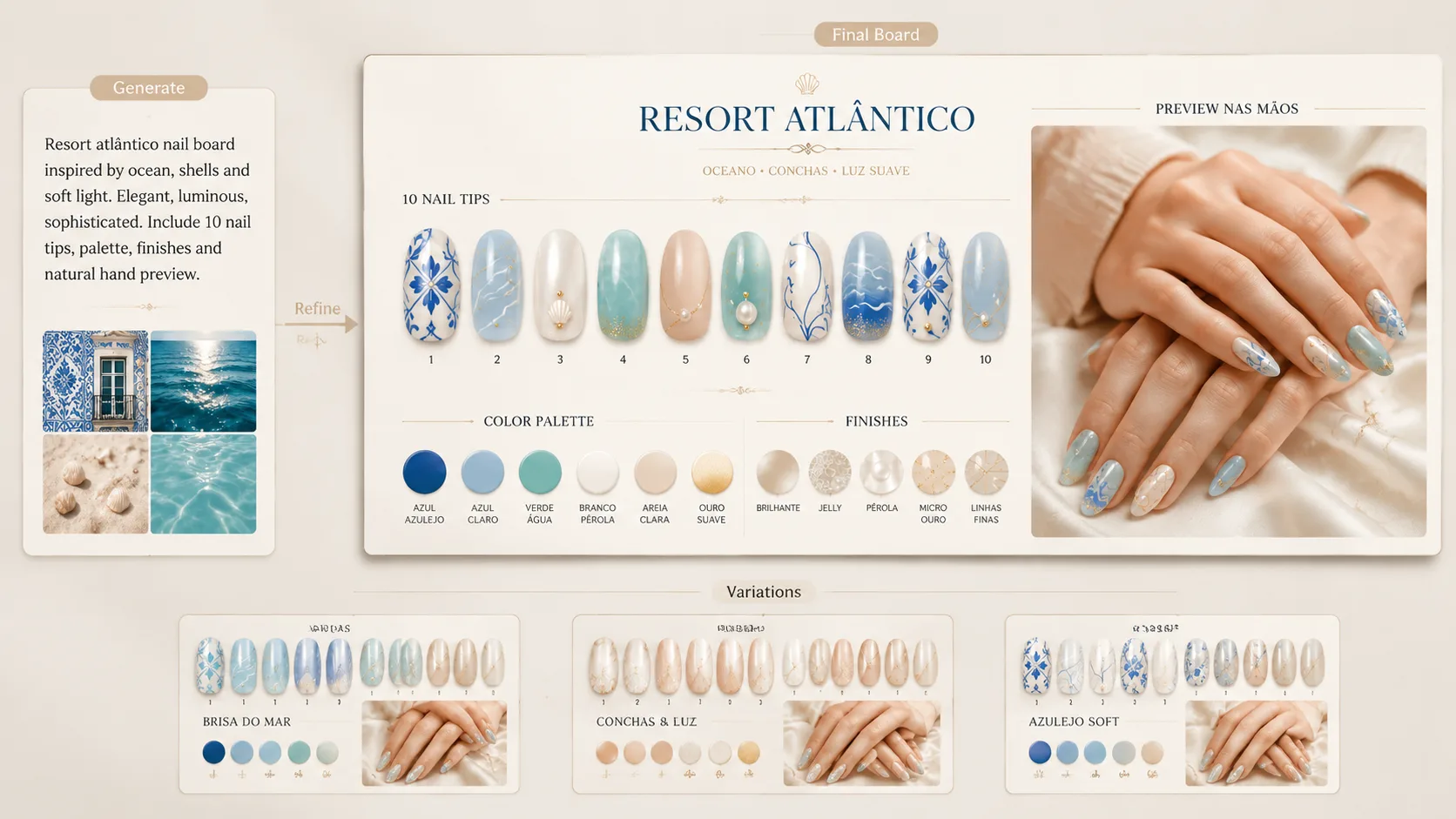 Generated AI nail board with variations, refinement flow, and final on-hand preview