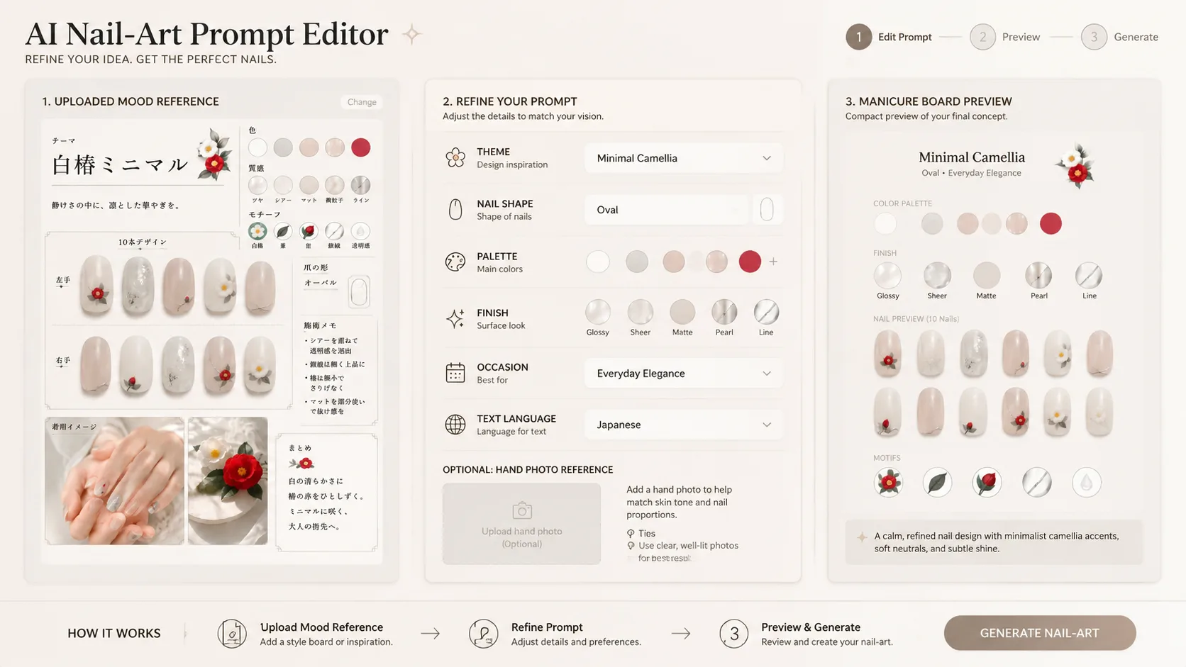 Editing nail theme, reference image, shape, palette, finish, and language before generation