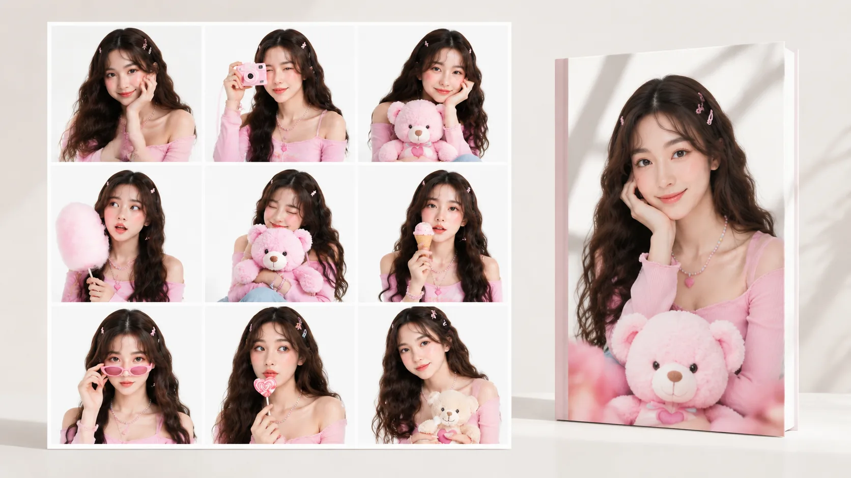 Generated results showing a soft-girl 3x3 portrait grid and photobook cover preview
