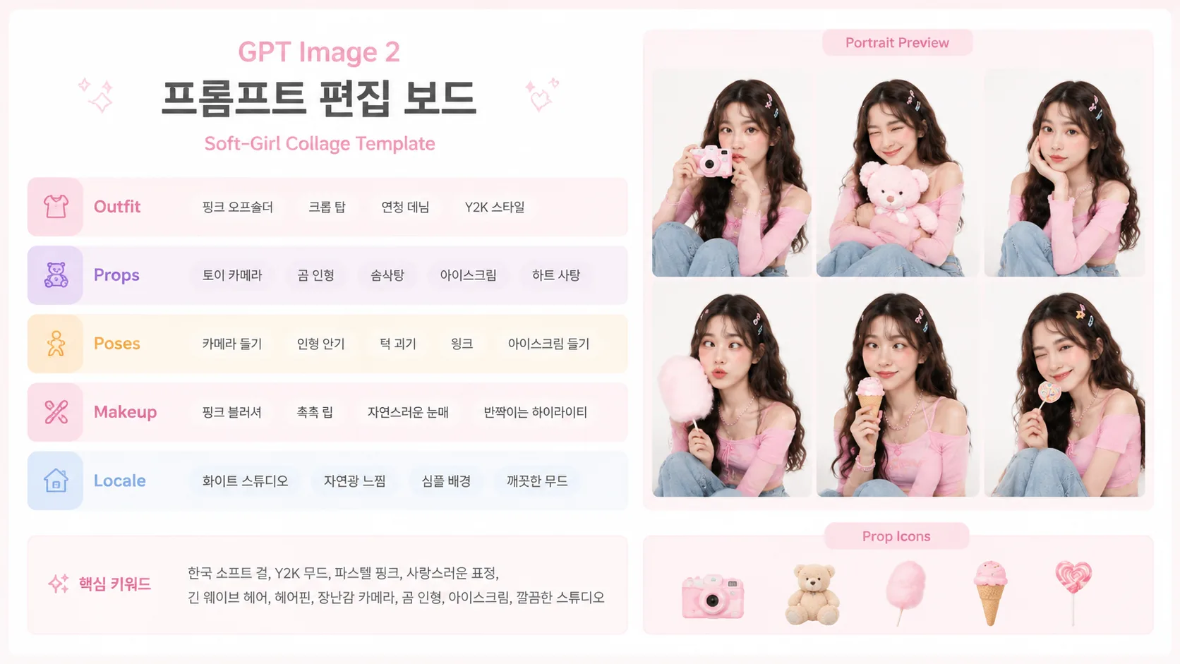 Workflow image showing editable outfit, prop, pose, makeup, and locale controls for a soft-girl collage prompt
