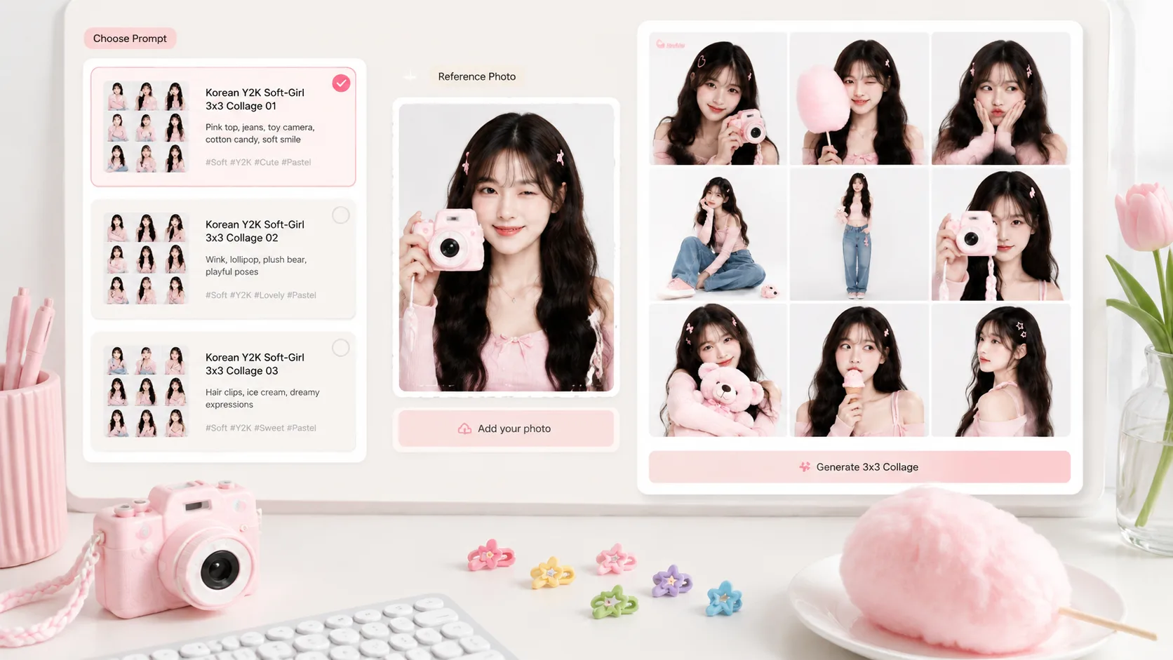 Workflow image showing a creator choosing a soft-girl collage prompt and reference photo