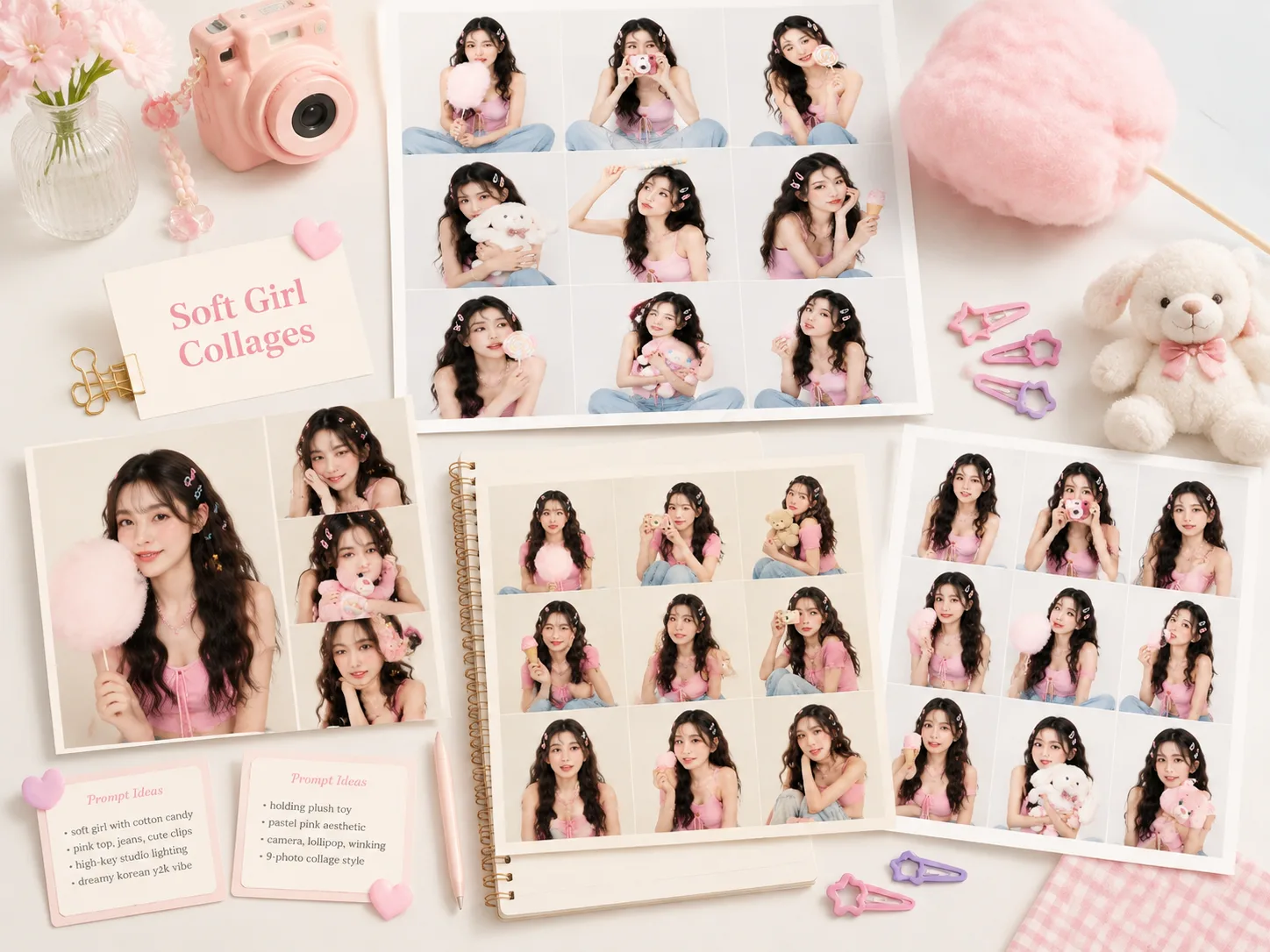 Overview of Soft Girl Collages prompt templates with Y2K portrait grids and prompt cards