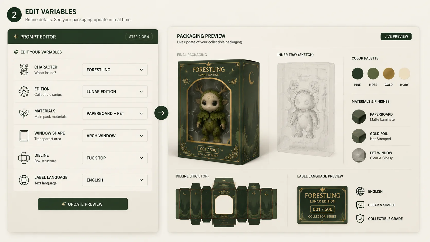 Beispiel fuer Sammelfiguren-Verpackung: Editing character, material, language, and dieline variables in a toy packaging prompt
