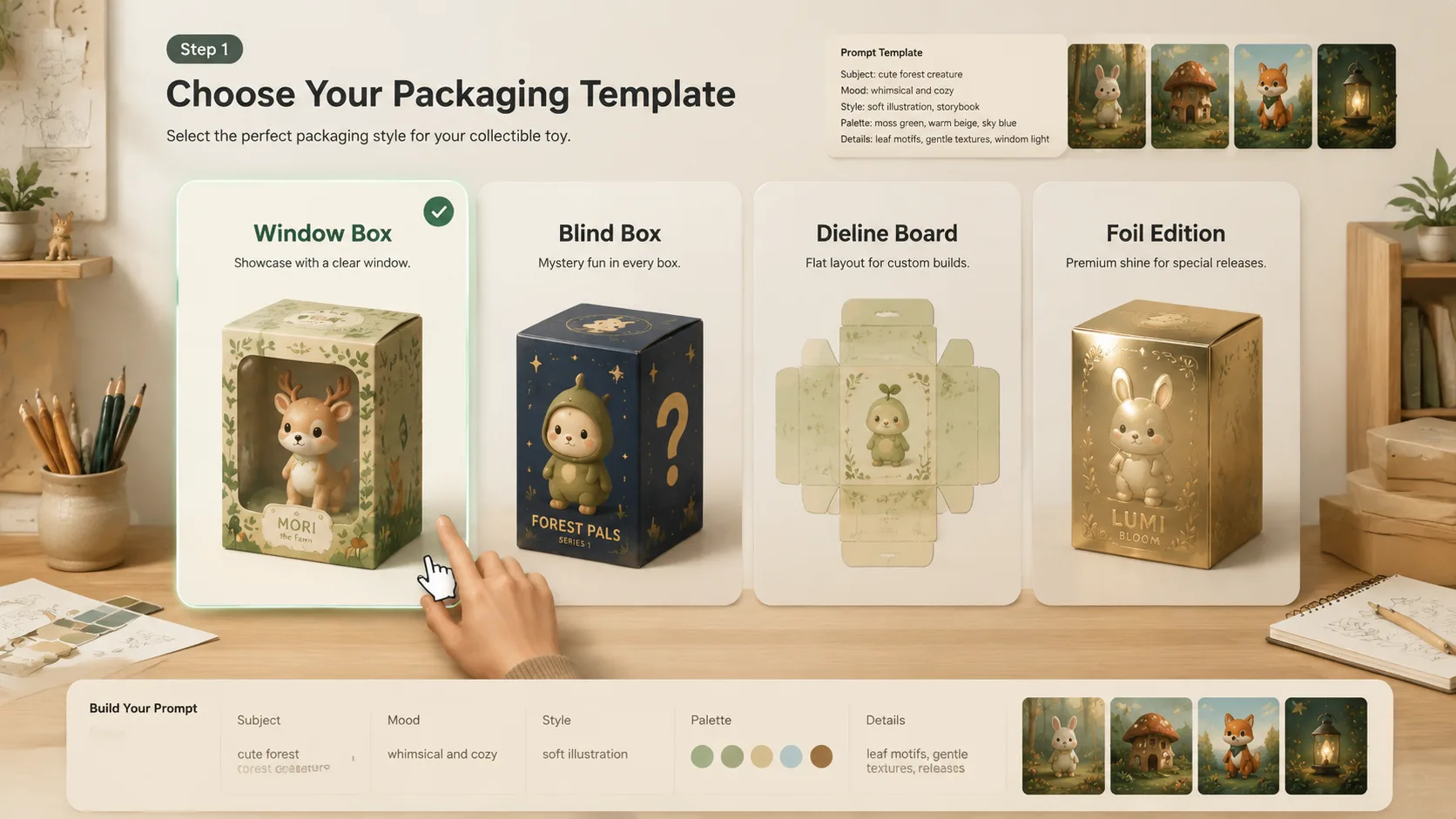 Beispiel fuer Sammelfiguren-Verpackung: Choosing a collectible toy packaging template format before editing the prompt