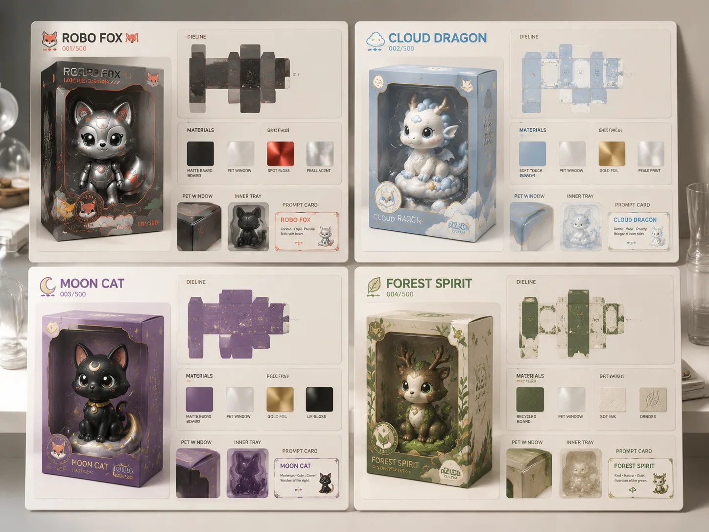 Beispiel fuer Sammelfiguren-Verpackung: GPT Image 2 collectible toy packaging template overview with original character box boards