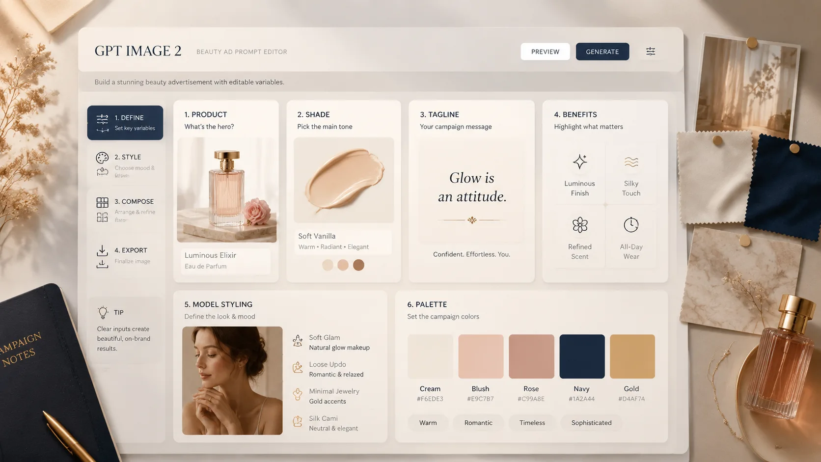 Editing product variables for a beauty ad prompt