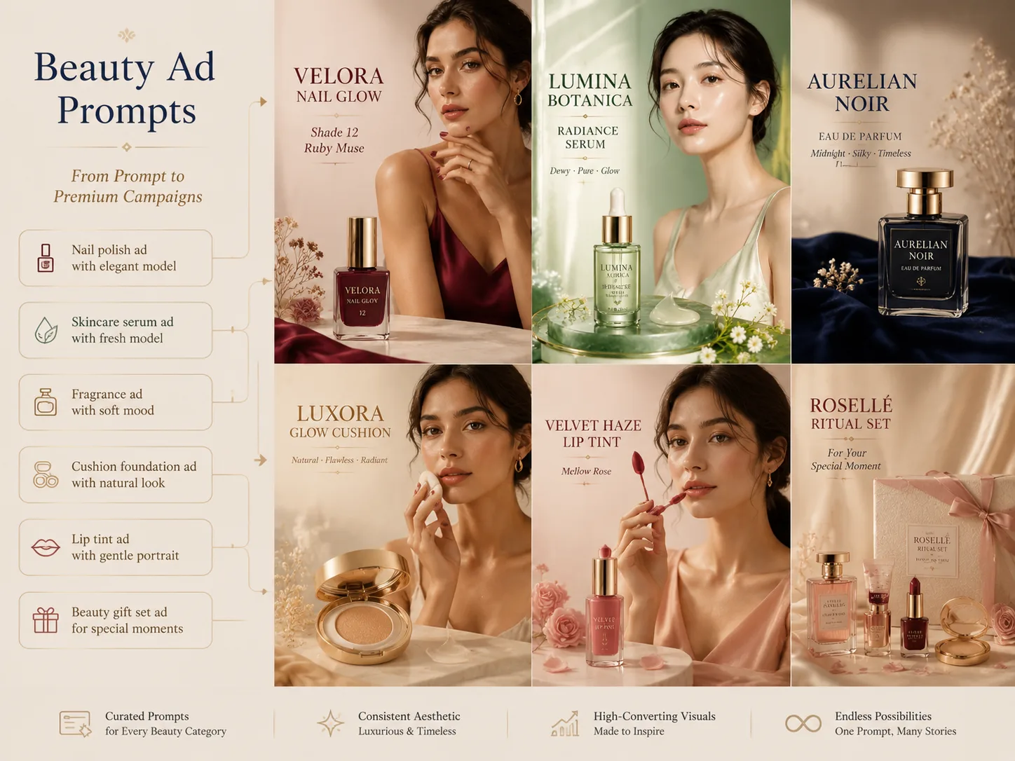 Premium Beauty Ads template overview with fictional cosmetic campaign posters
