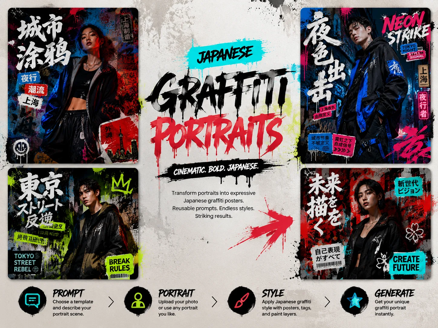 Übersicht der Graffiti-Porträtvorlagen mit Posterbeispielen