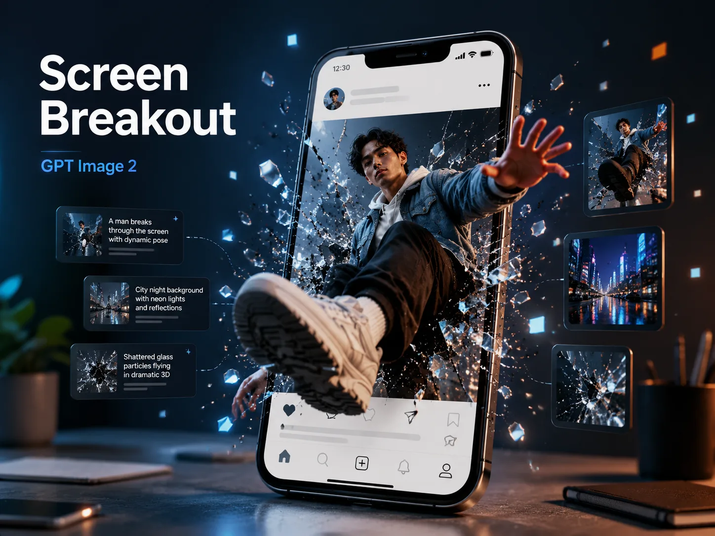 GPT Image 2 screen breakout template overview with cracked phone UI and prompt cards