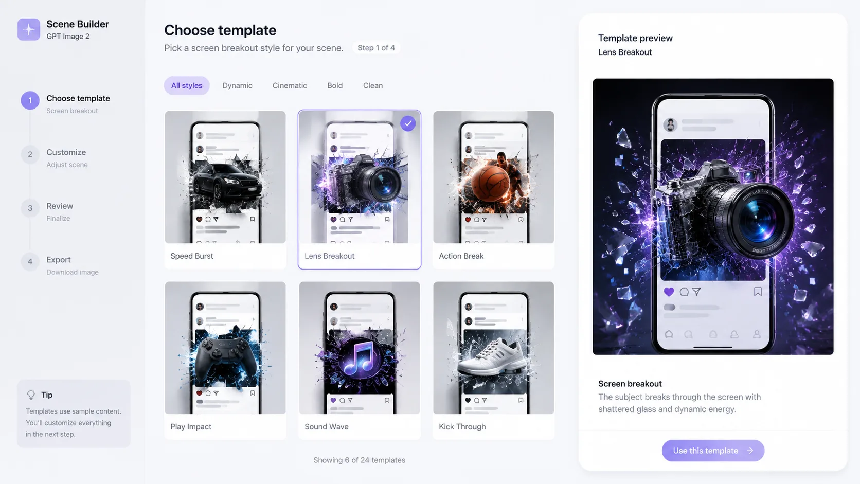 Choosing a screen breakout prompt template from a GPT Image 2 gallery