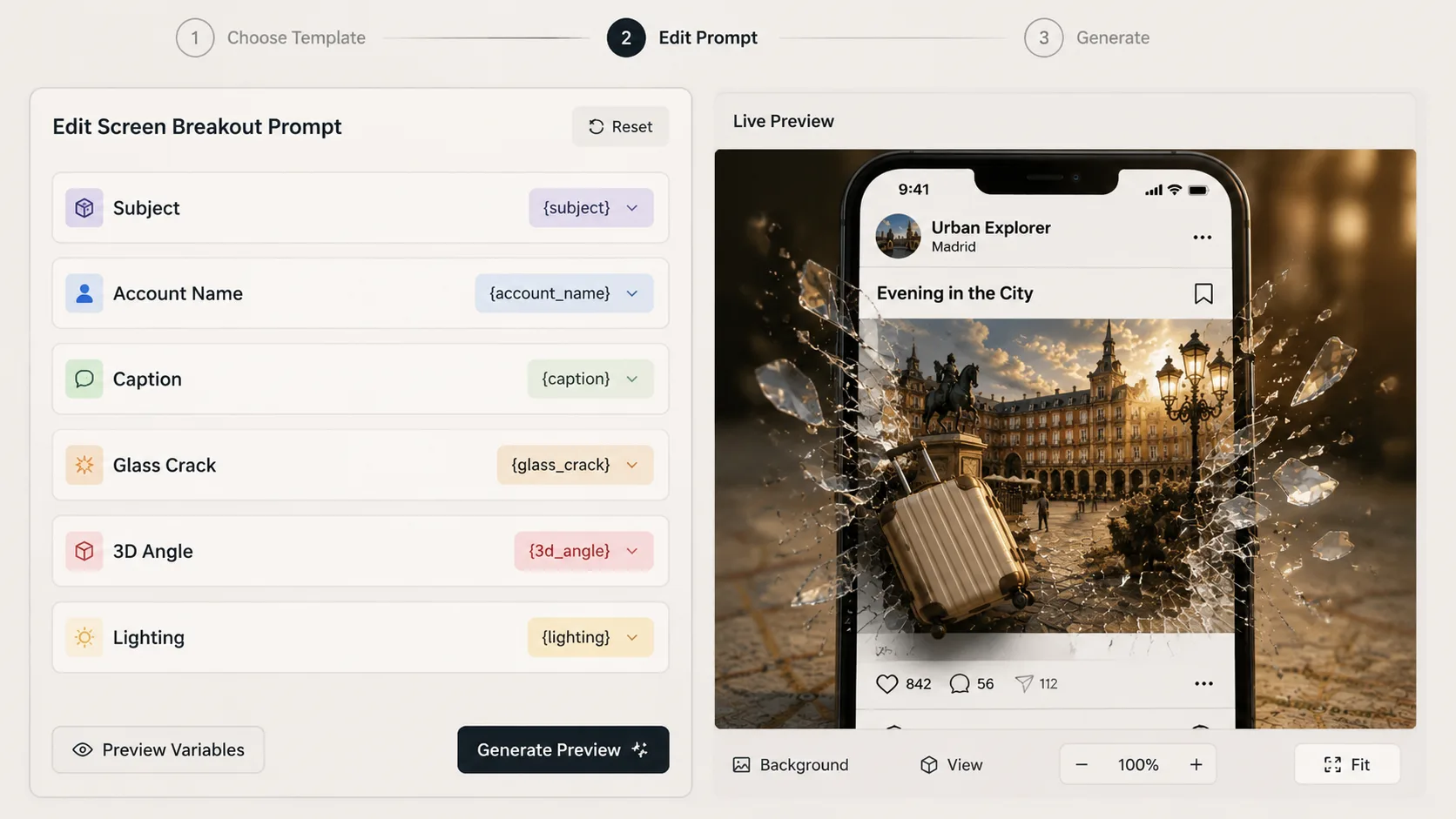 Editing subject, caption, glass effect, and 3D perspective variables for a screen breakout prompt