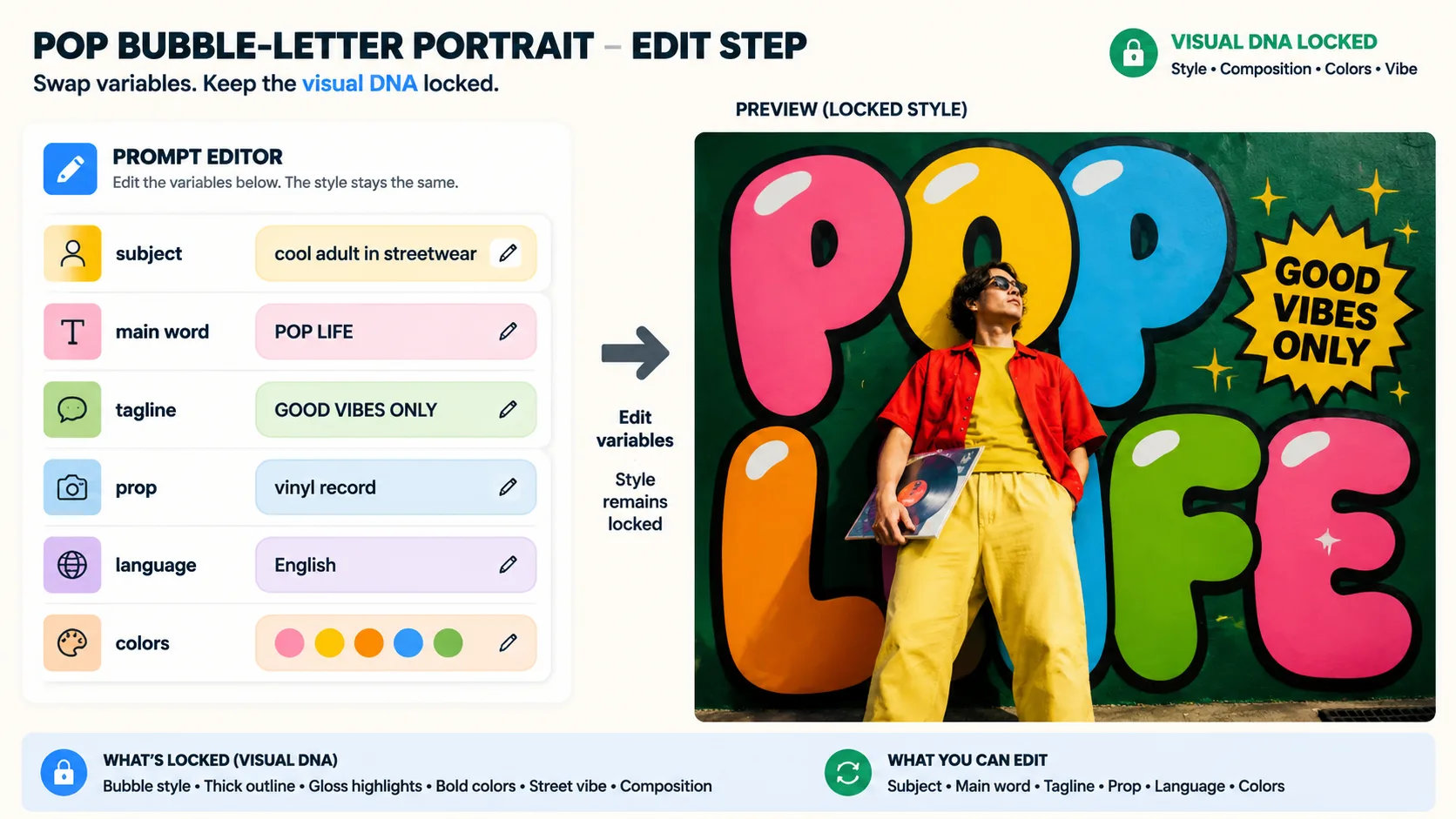 Editing variables for a Pop bubble-letter portrait prompt