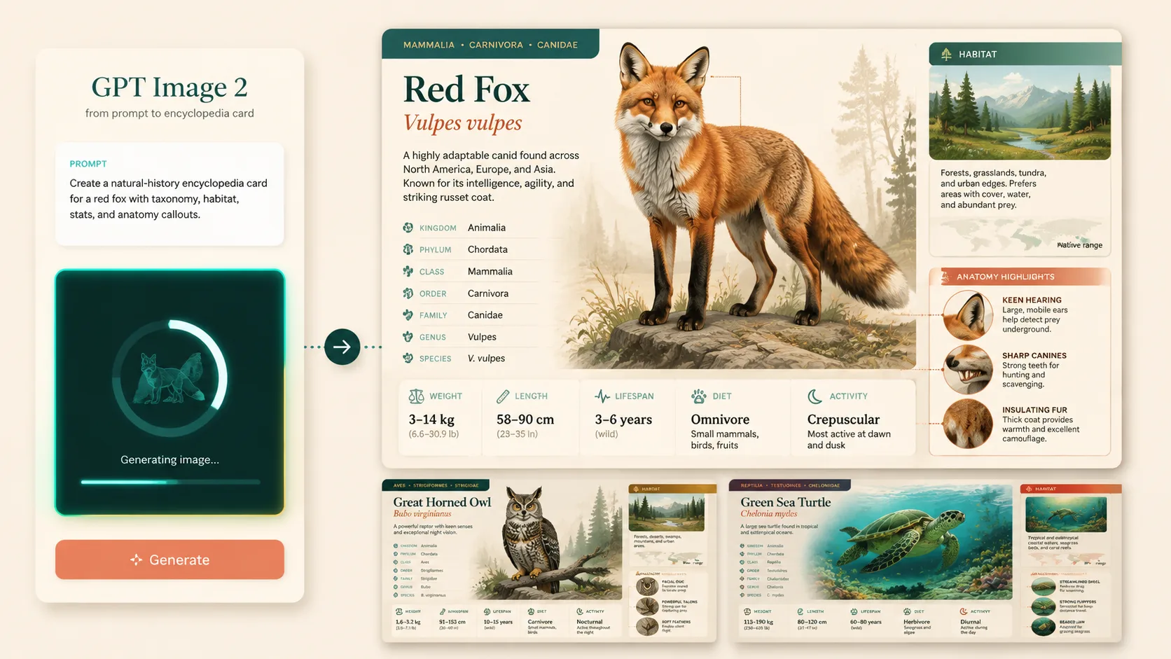Generating a natural-history encyclopedia card with GPT Image 2