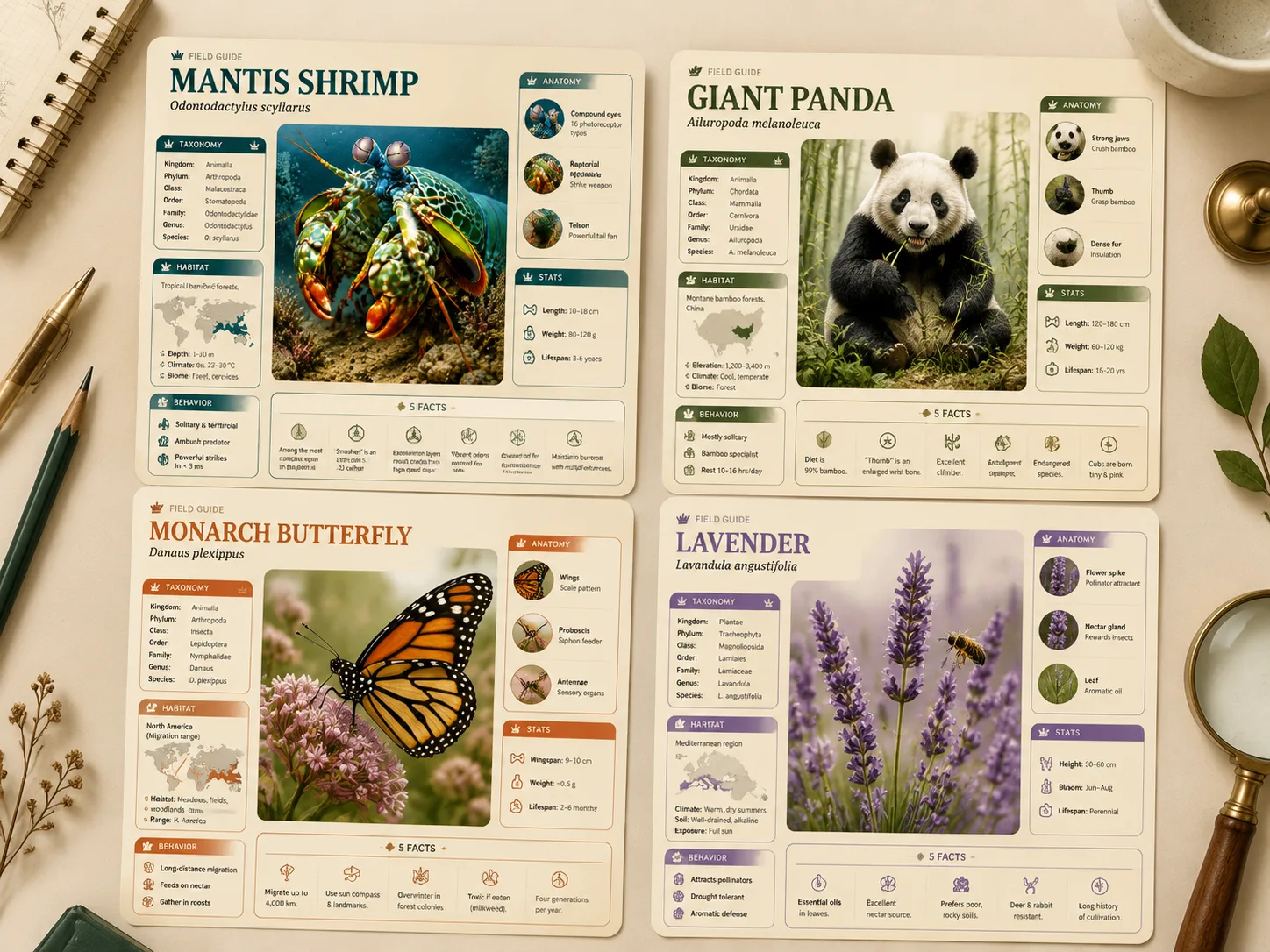 Natural history field guide card template system with taxonomy and habitat modules