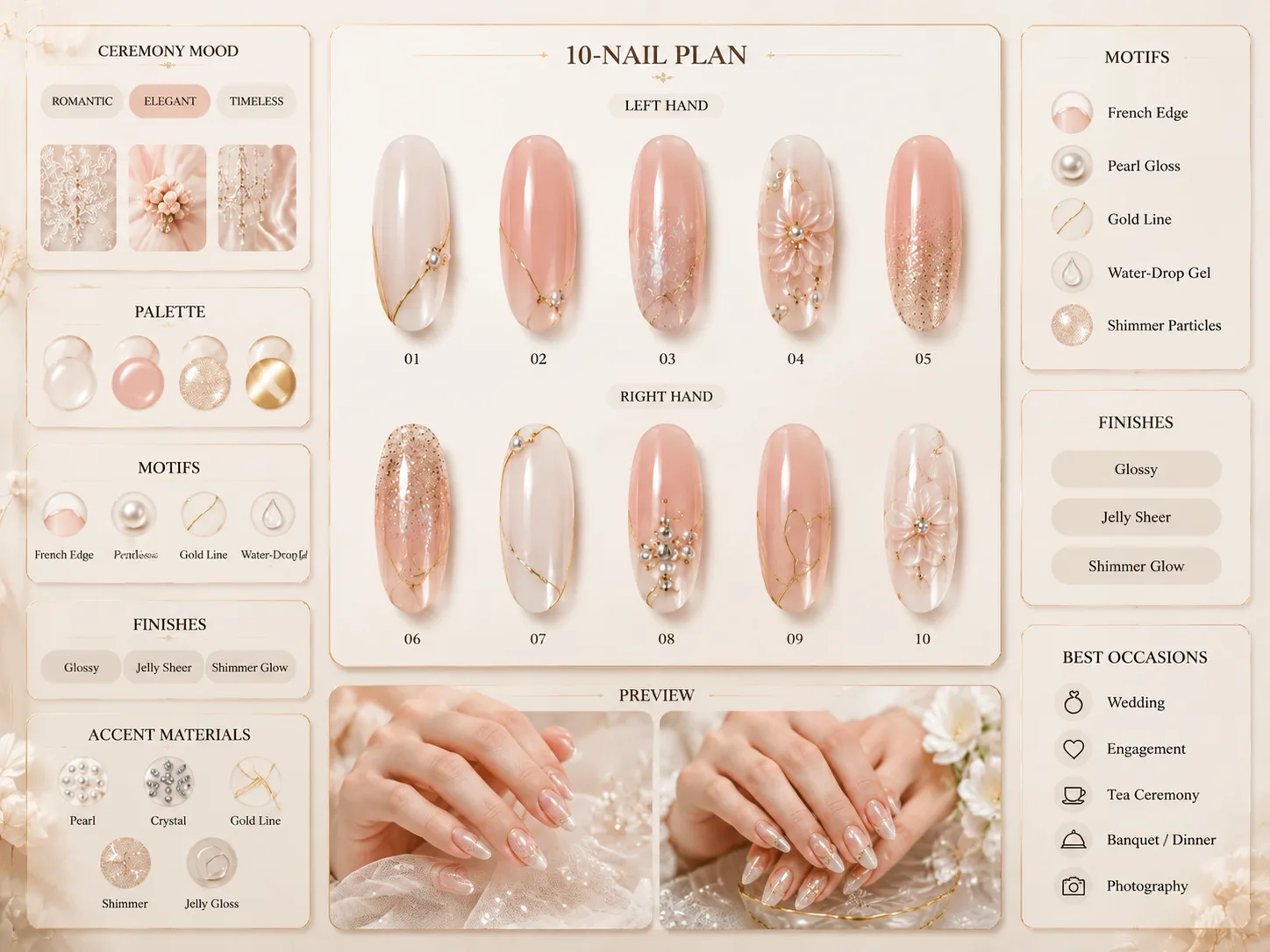 Overview of a luxury GPT Image 2 nail inspiration board with palette, finishes, nail plan, and hand preview