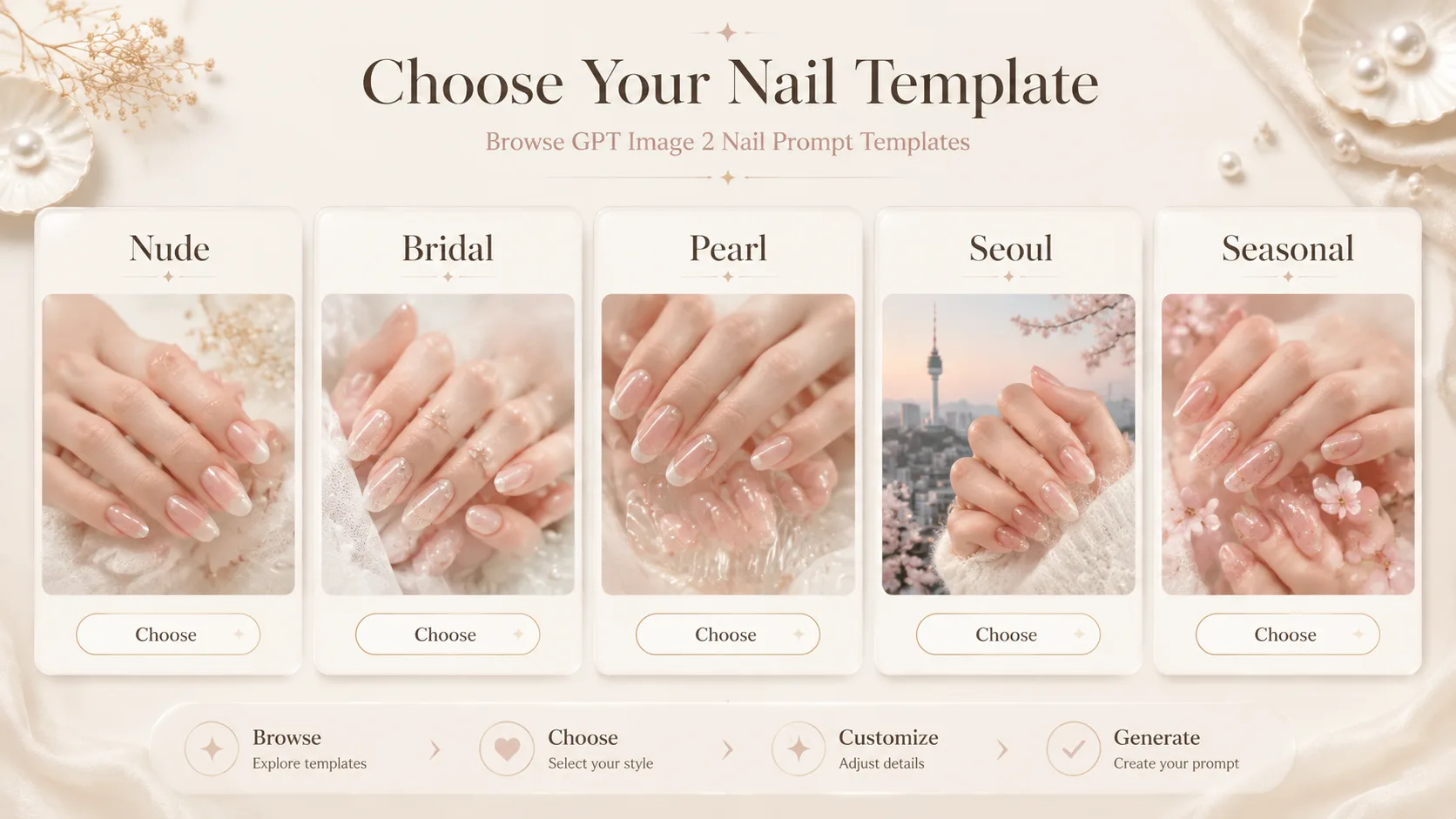 Choosing a GPT Image 2 nail inspiration board template from manicure style cards