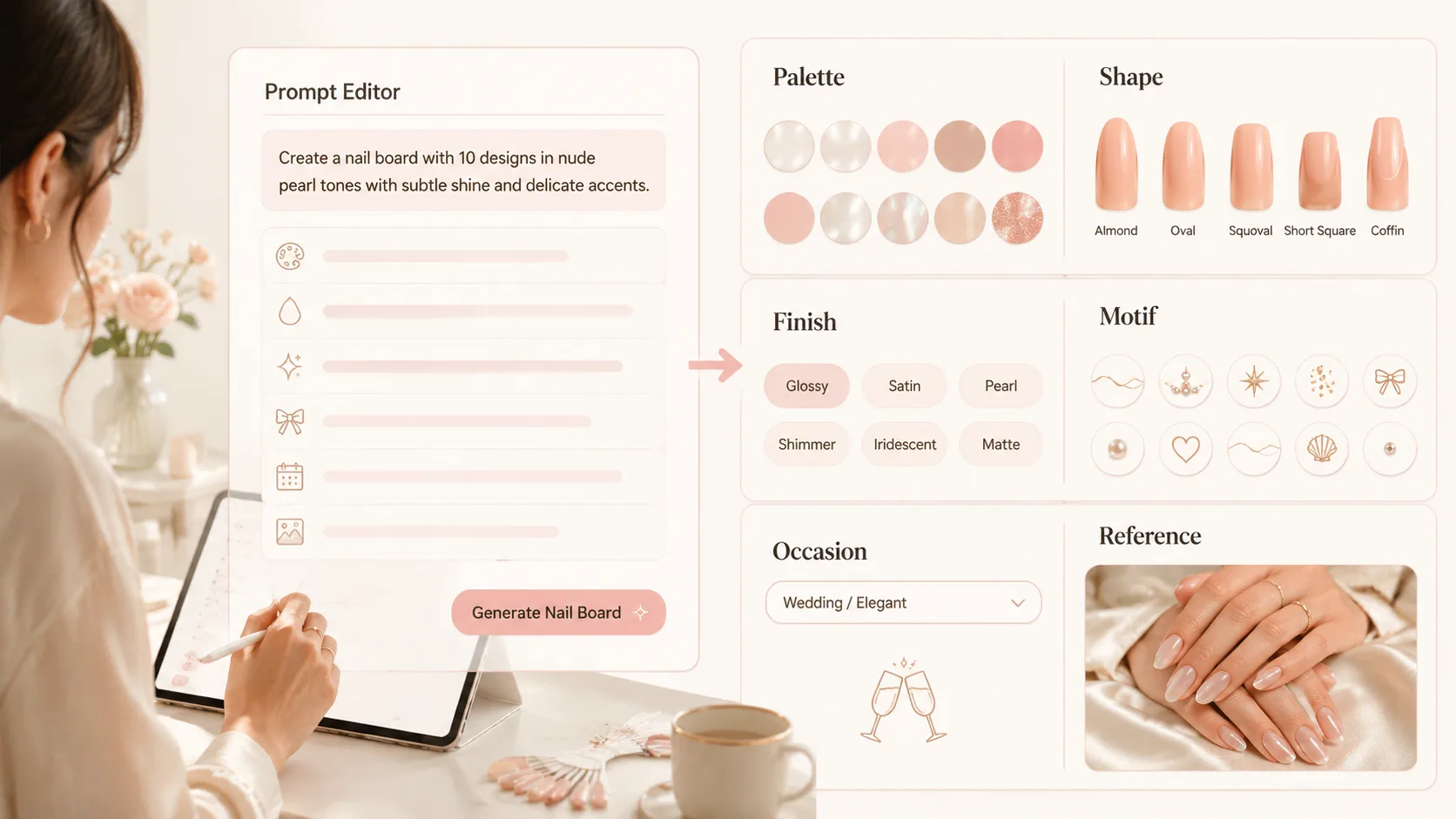 Editing palette, nail shape, finish, motif, and reference variables before generating a nail board