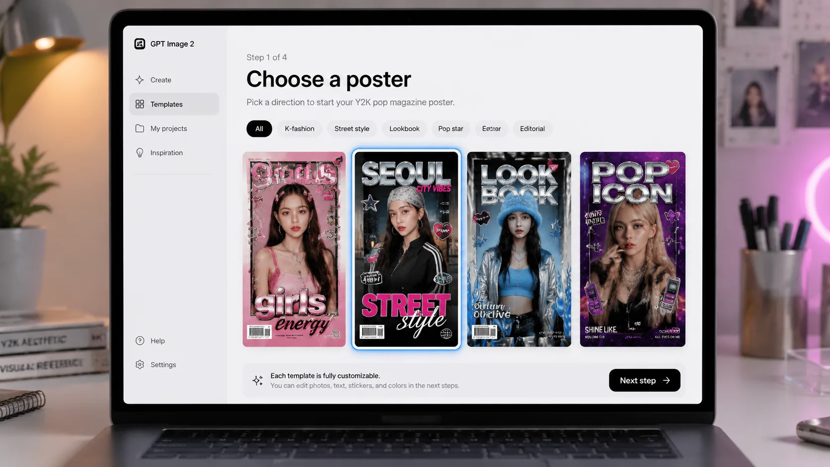 Choosing a Y2K poster template in a visual browser