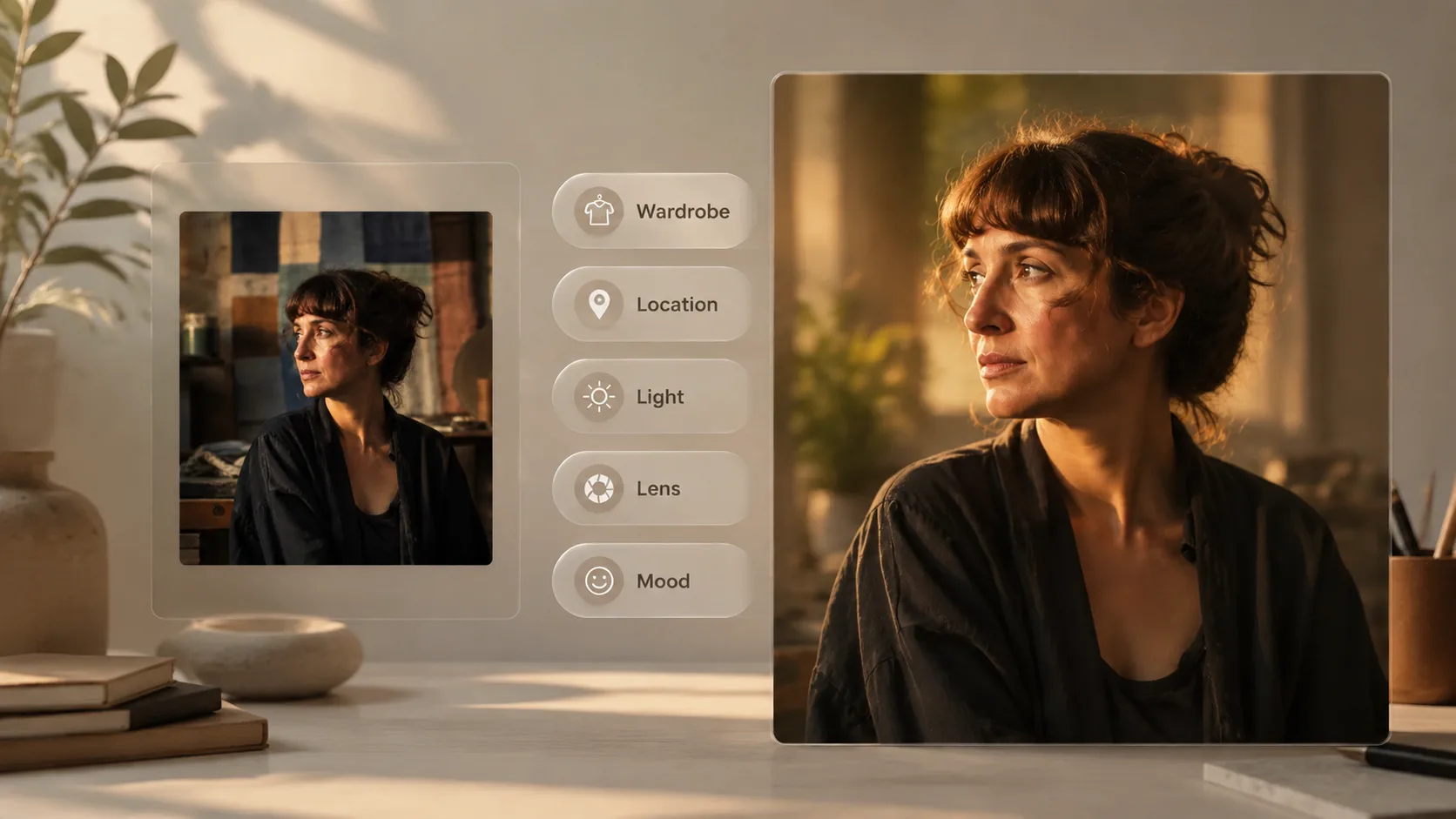Editing portrait prompt variables for identity wardrobe location light lens and mood