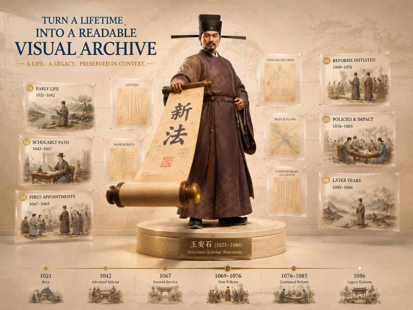 3D historical biography poster overview with a central figure, floating archive fragments, and a timeline