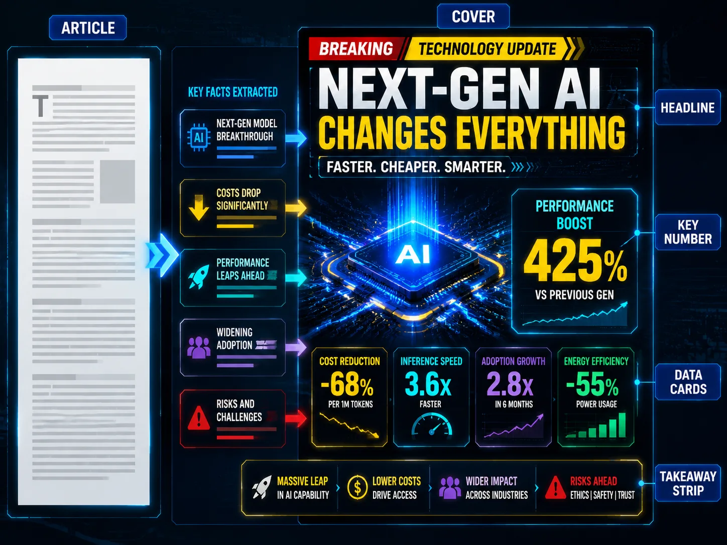 Article content transformed into a structured technology news cover with headline and data cards