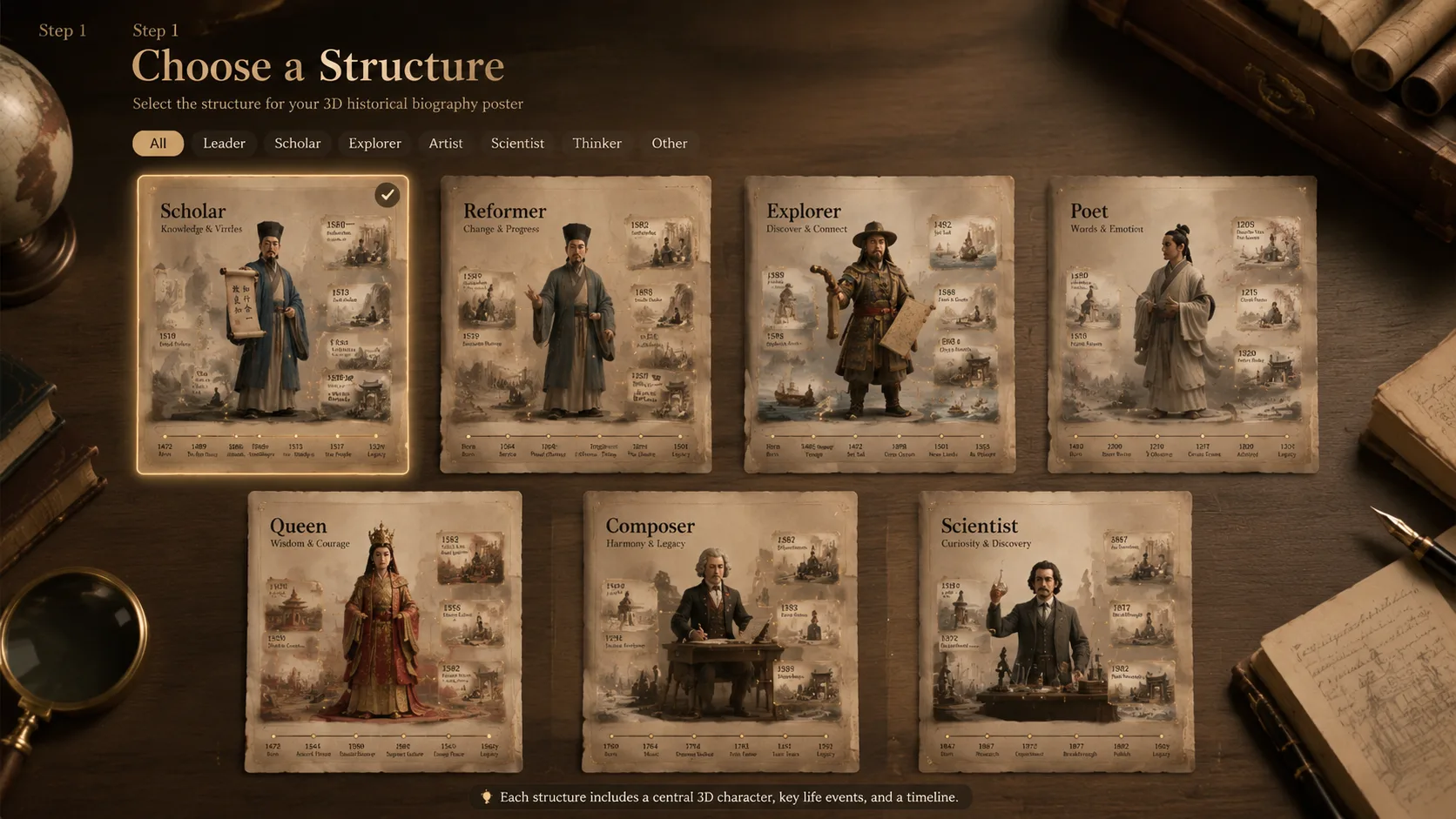 Choosing a 3D historical biography poster template from several figure categories