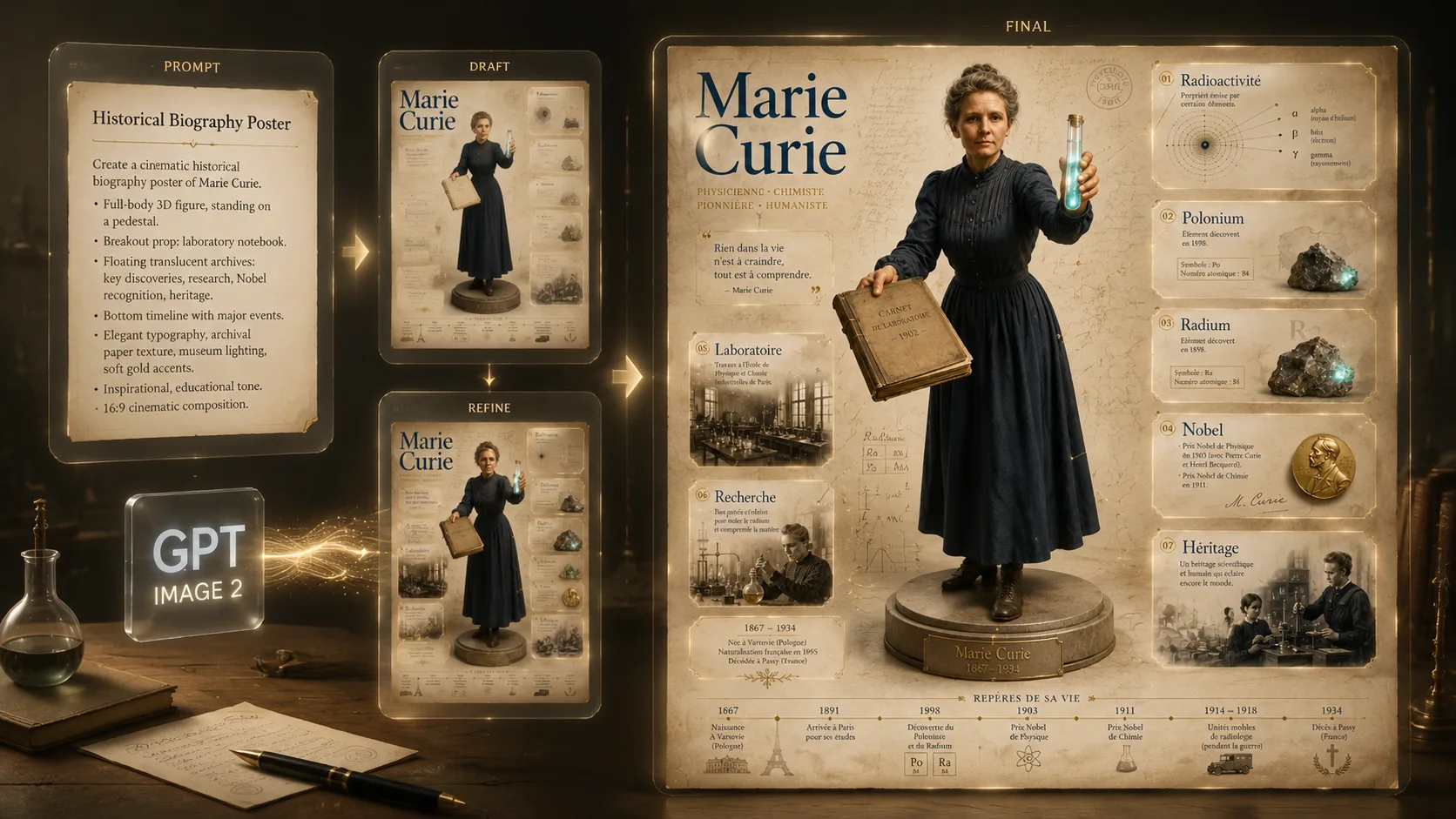 Generating and refining a 3D historical biography poster with GPT Image 2