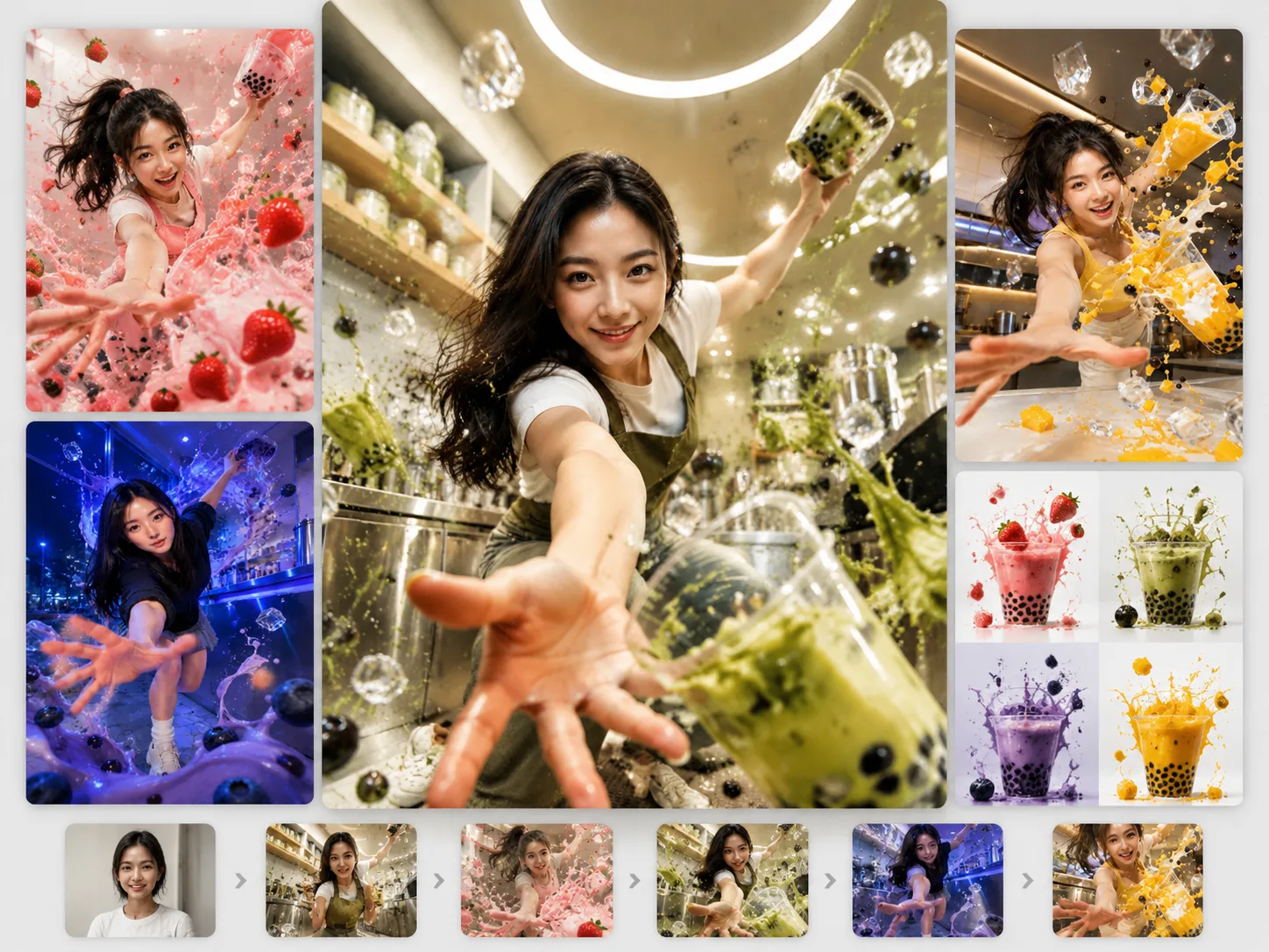Overview of reusable GPT Image 2 bubble tea splash portrait templates