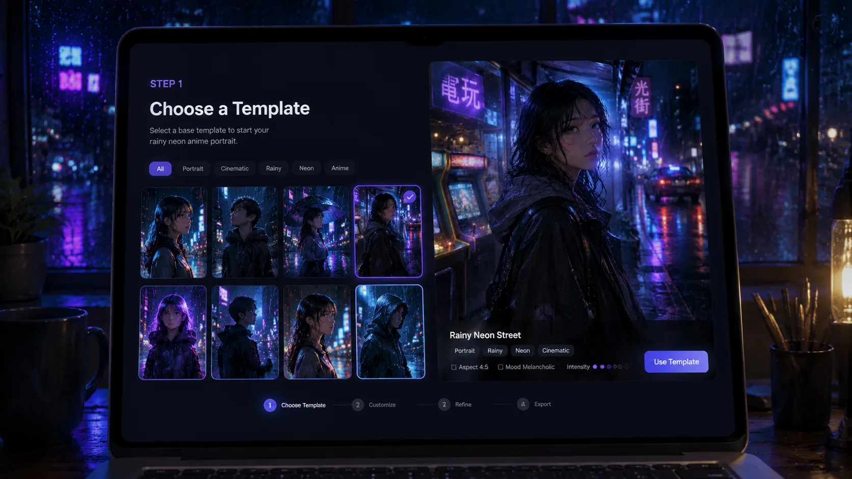 Auswahl eines regennassen Neon-Anime-Portrat-Templates