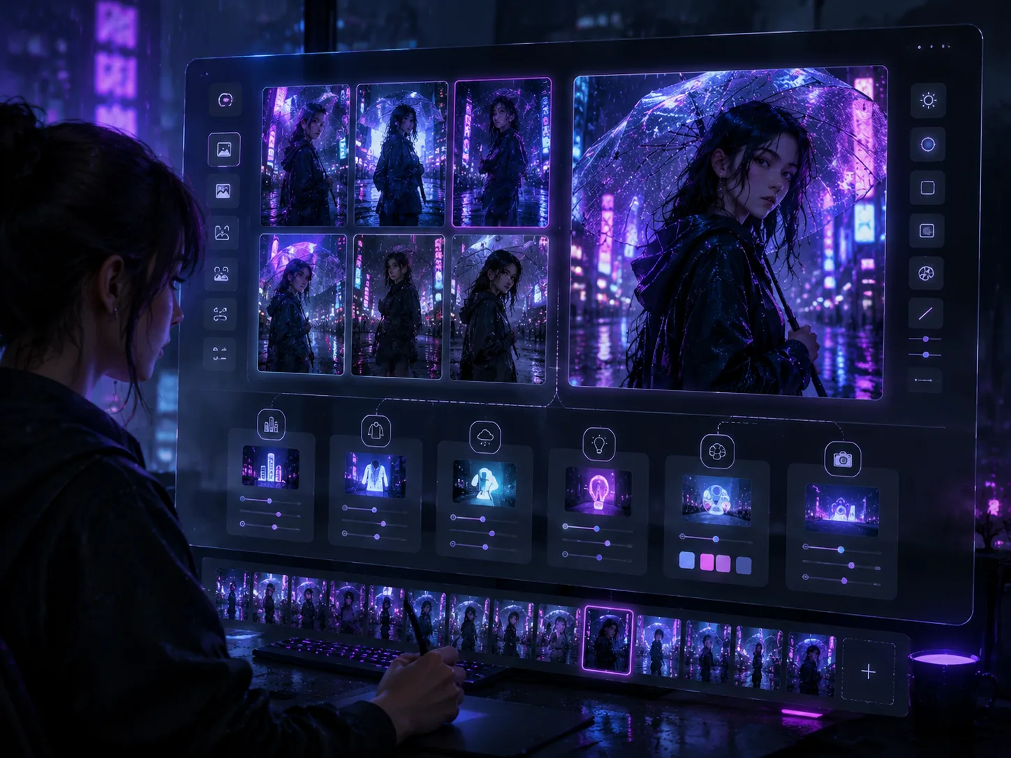 Ubersicht der regennassen Neon-Anime-Portrat-Templates