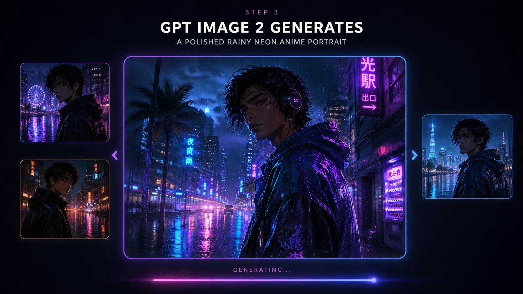 Generieren von regennassen Neon-Anime-Portratvarianten mit GPT Image 2