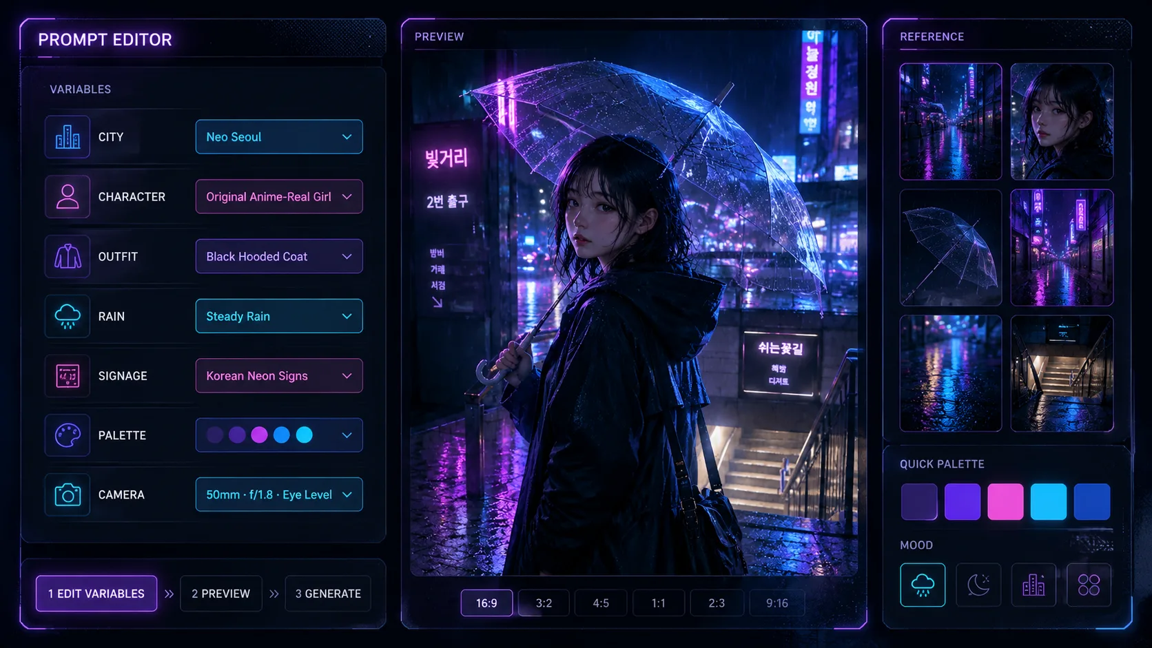 Bearbeitung der Prompt-Variablen fur regennasse Neon-Anime-Portrats
