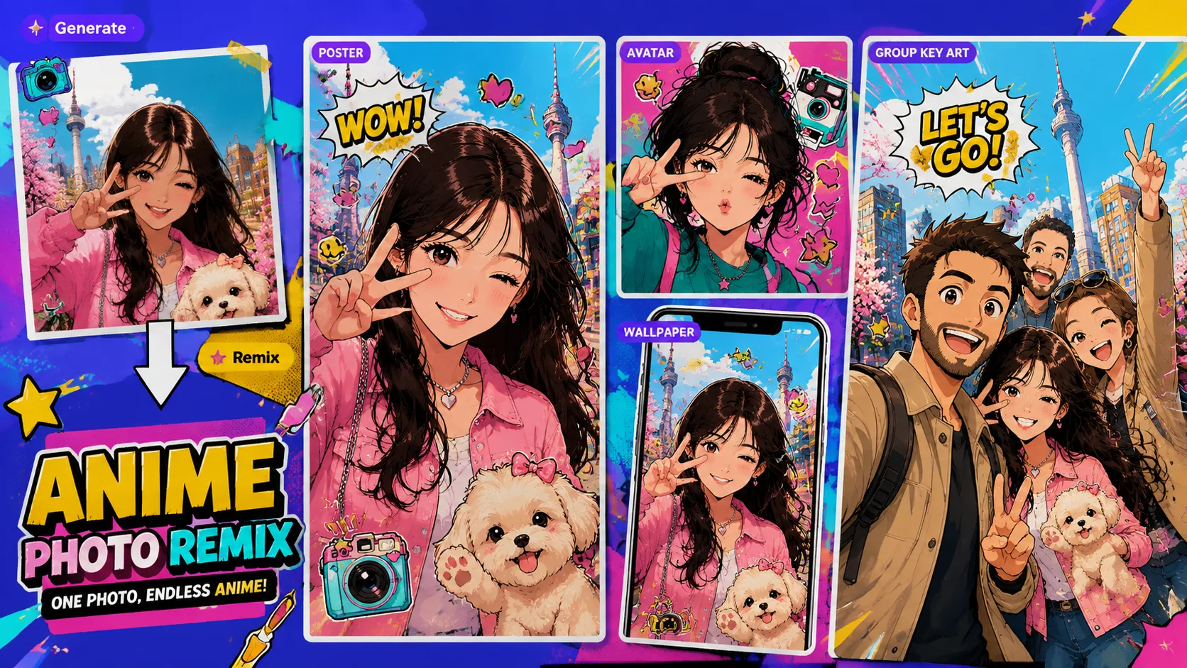 Generated anime remix results including posters avatars and wallpapers