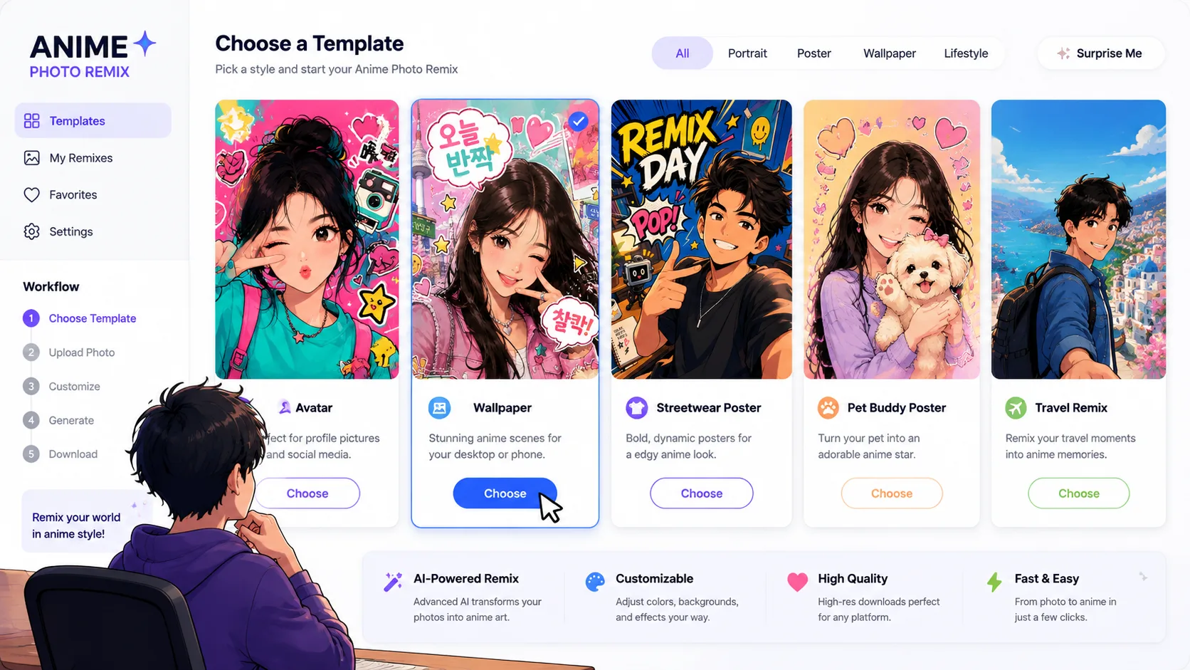 Choosing an anime photo remix template from a gallery of sample outputs