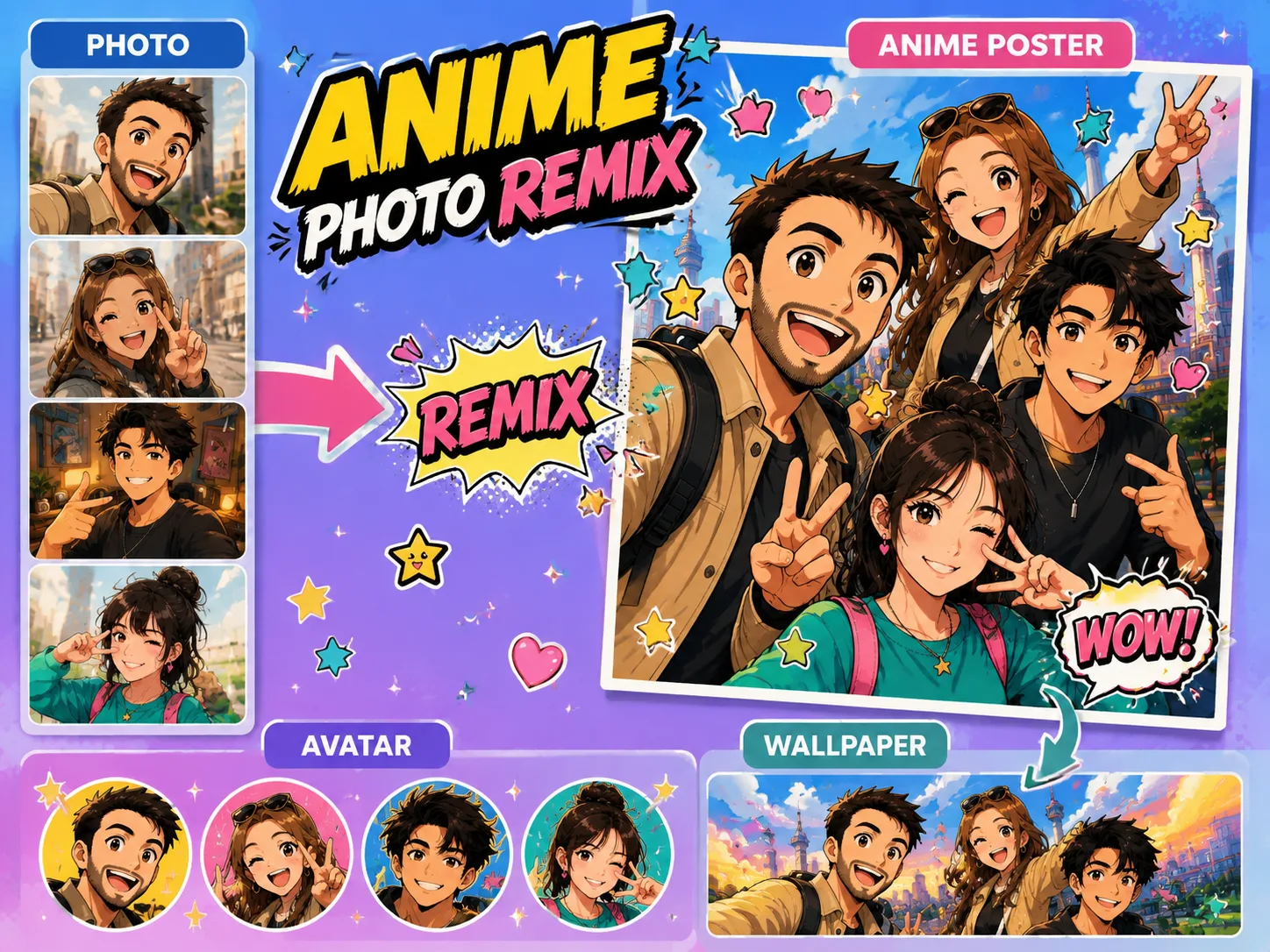 Overview of reference photos becoming colorful anime remix posters with GPT Image 2
