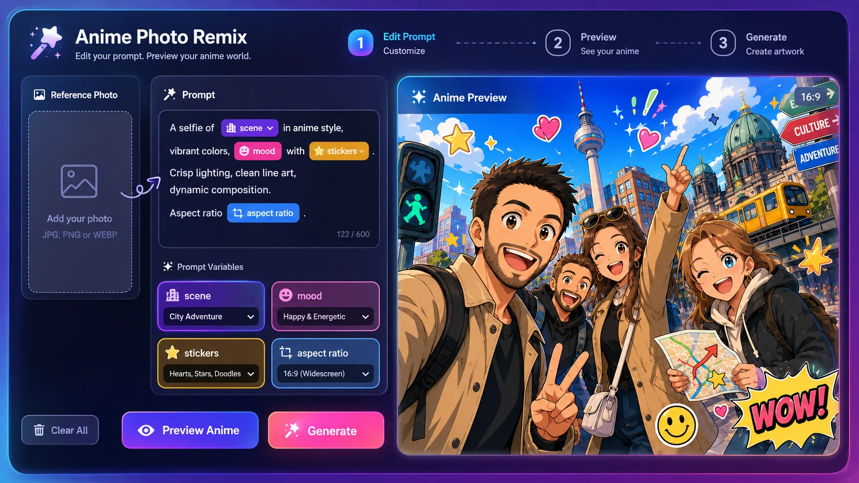 Editing reference photo and prompt variables before generating an anime remix
