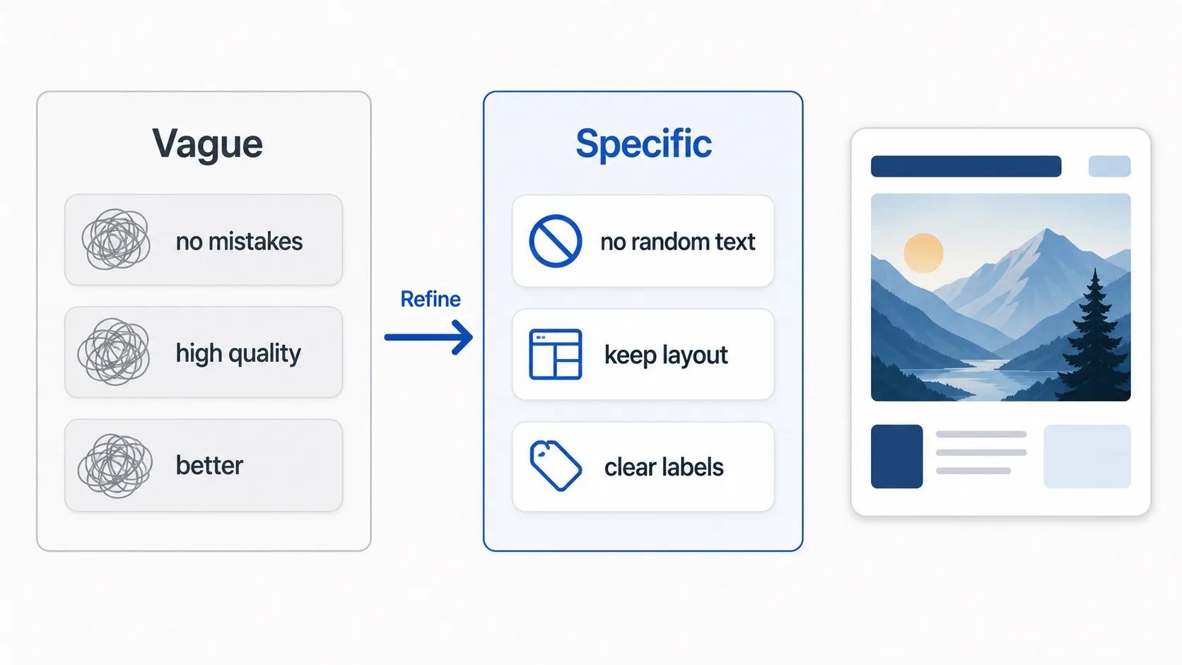 Visual framework showing prompt direction and avoid rules as organized cards