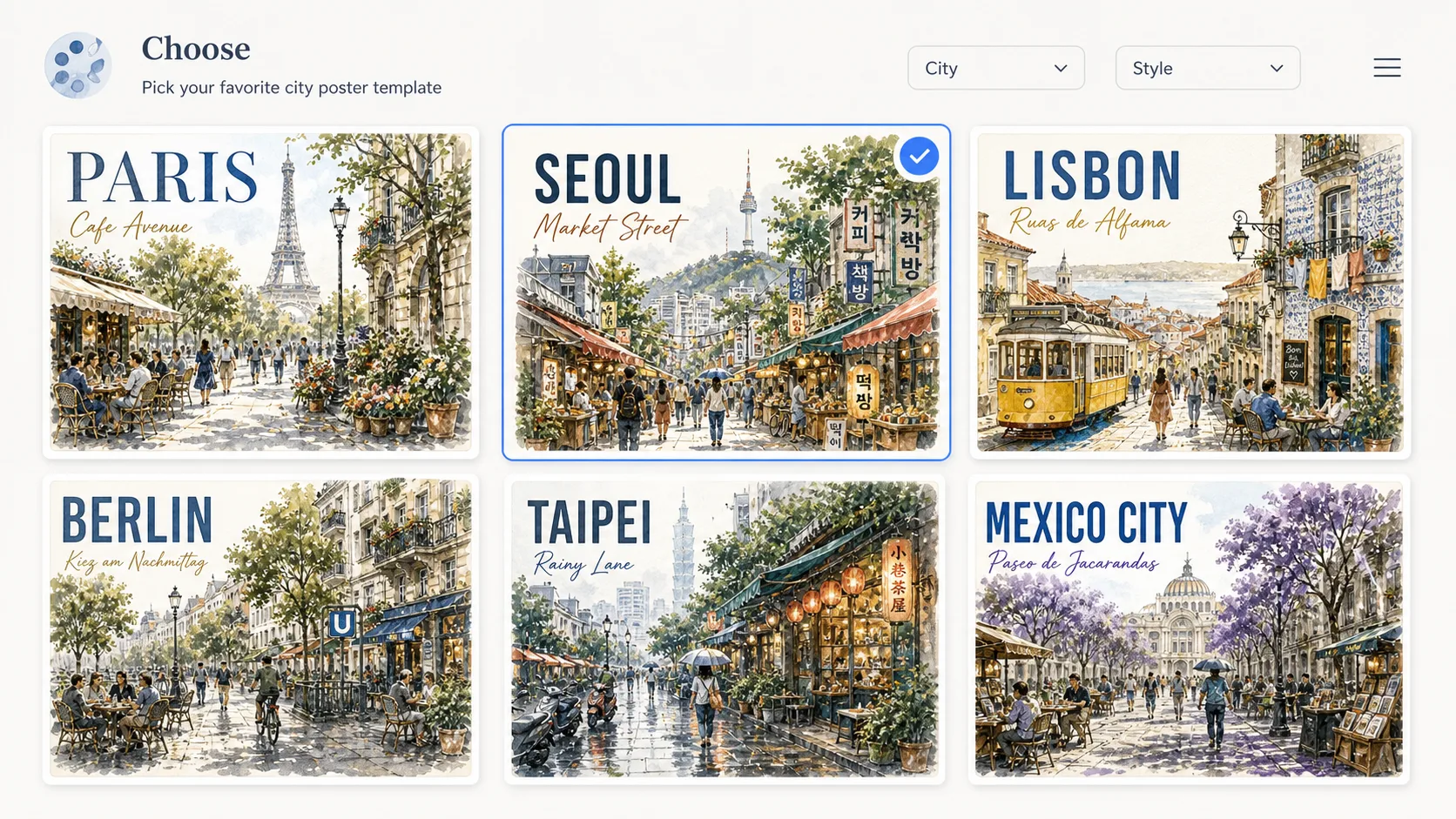 Choosing a watercolor city travel poster template from a gallery