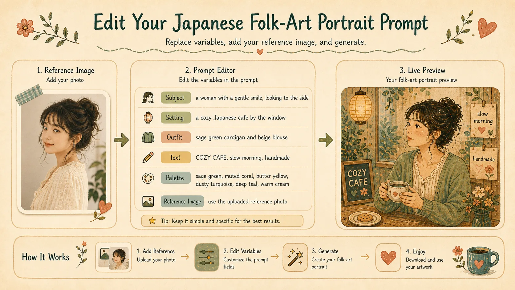Editing subject setting text and palette variables for a folk art portrait prompt