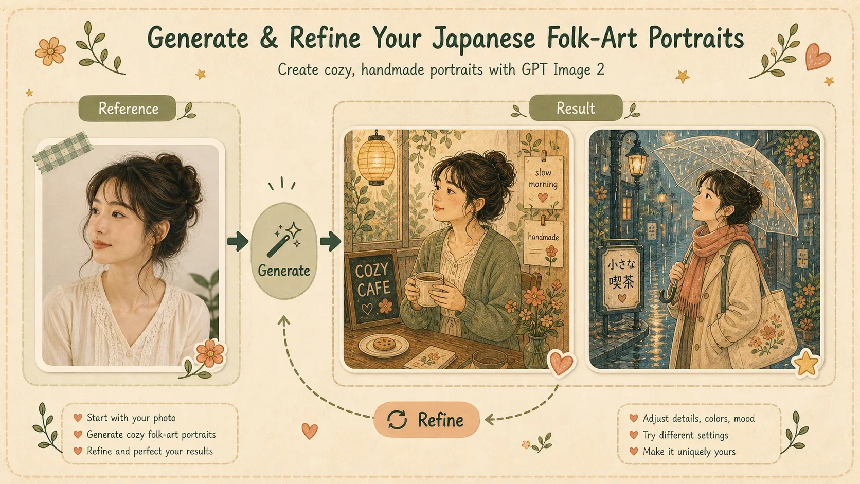 Generating and refining Japanese folk art portrait results with GPT Image 2