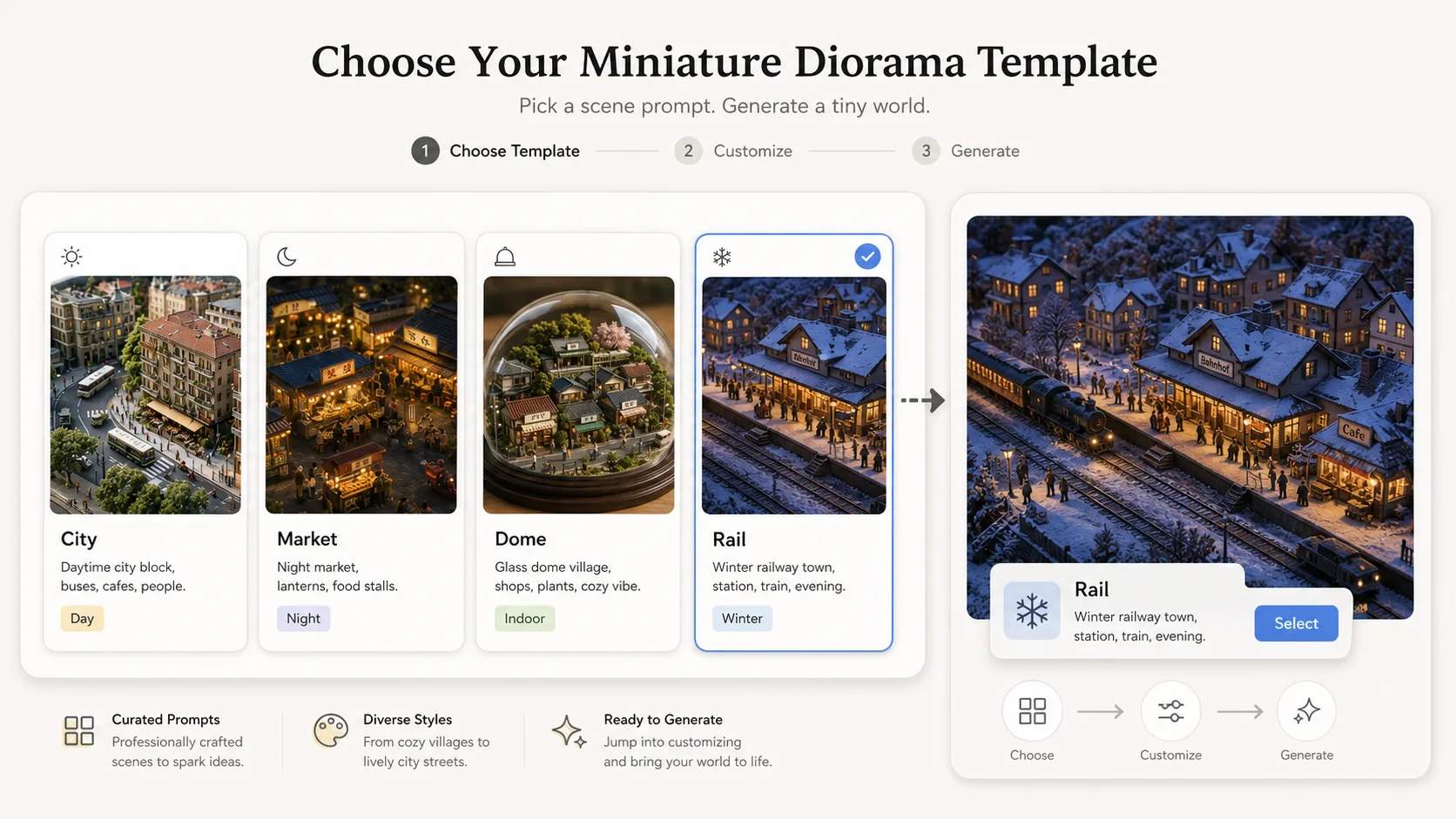 Choosing a miniature diorama prompt template