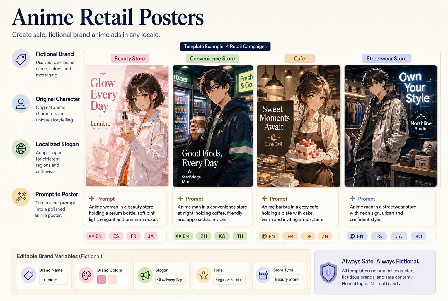 Overview of fictional anime retail poster templates with prompt cards and localized slogan examples