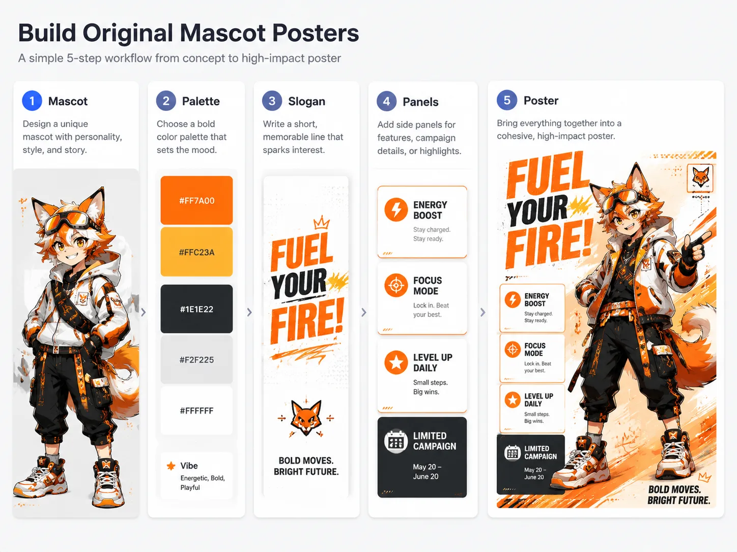 Workflow board showing editable parts for an anime mascot brand poster template