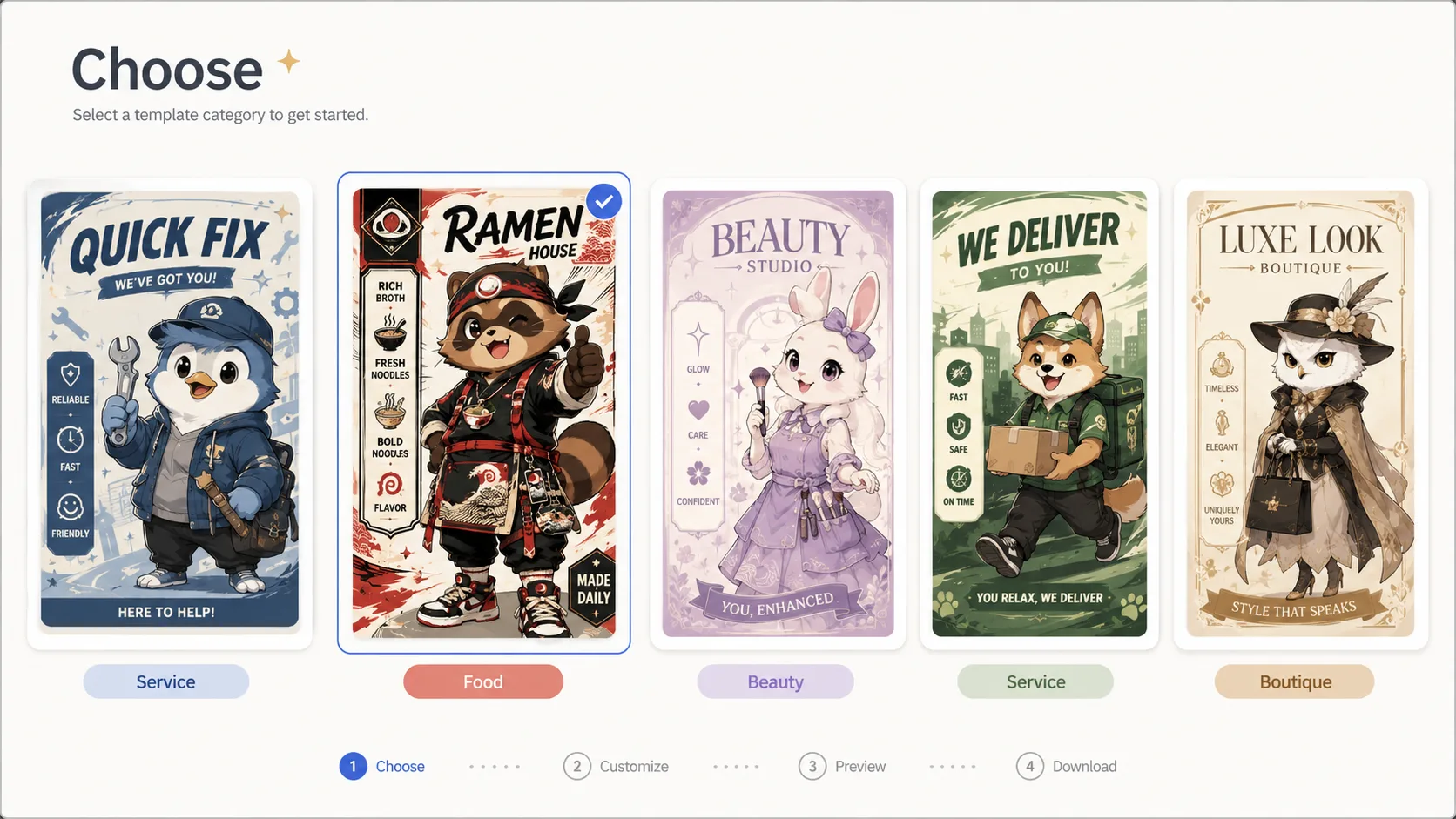 Choosing an anime mascot poster template from a fictional brand category grid