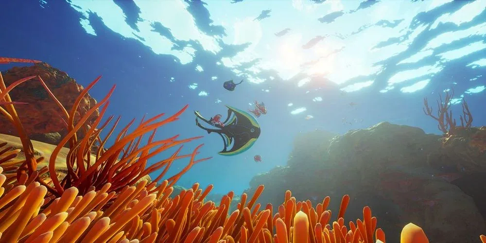 Bright Subnautica 2 shallow water scene with alien underwater terrain