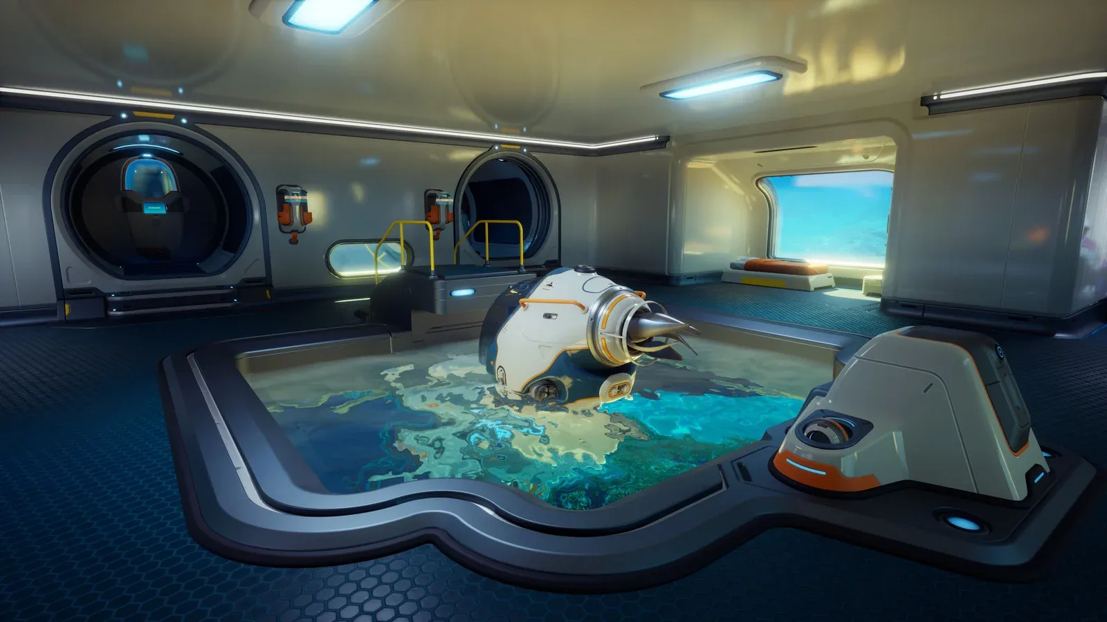 Subnautica 2 underwater base module and moonpool scene