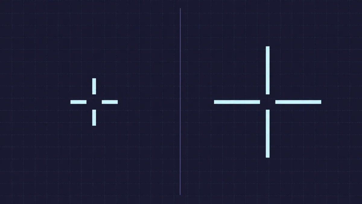 Length controls the silhouette. Short inner lines keep VALORANT crosshairs compact so they cover less of a distant target. Longer lines are easier to find during fast movement.